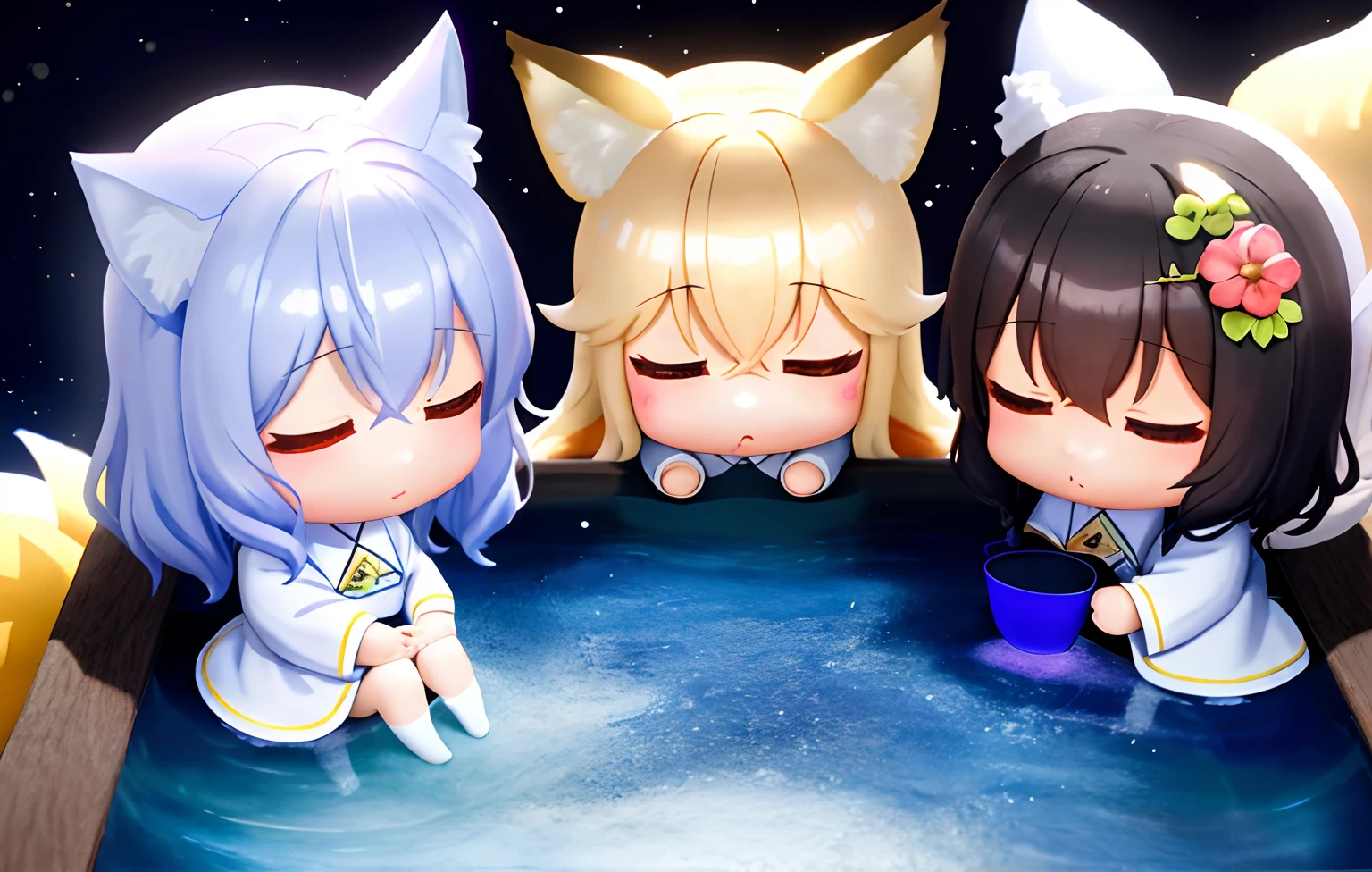 Florist clerk、Pop Mart Blind Box IP、Close up of cute white robe doll、Young One Angel Style、Wear longer, Dress fluently、Lop style、Poseline doll、Little people々々々々々々々々々々々々々々々々々々々々々々々々々々々々々々々。unreal enginee 5、Light 3D/C4D production: 8K HD quality/illuminating/Ultra-fine lens description 1.5、flawless、Chibi Background/Cinematic。Tuna bowl、macadamia、(((7Foxes get along well)))