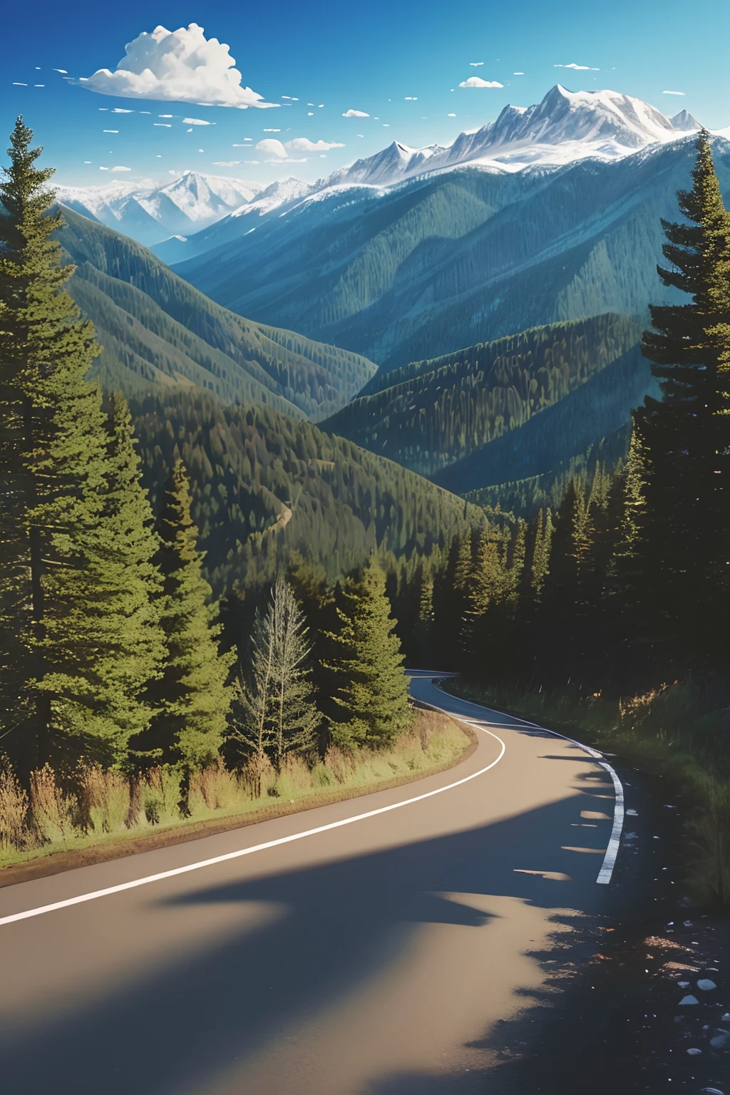 There is a rack ride through the mountains, drawn in Microsoft Paint, some mountains in the background, forest in the background, hills, mountain view, scenery outside the car window, some trees, in the mountains, landscape illustration, overlook