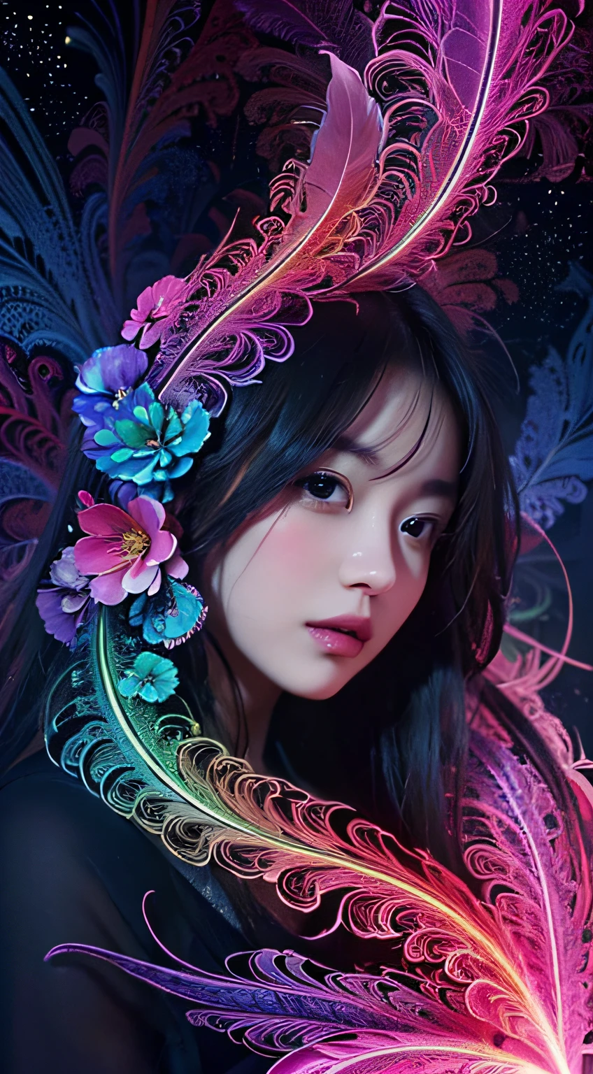 Colorful flowers, feather, (masutepiece, of the highest quality, Best Quality, Official art, Beautiful and aesthetic:1.2), (1girl in:1.3), (Fractal Art:1.3),16 K,Full-HD,neons