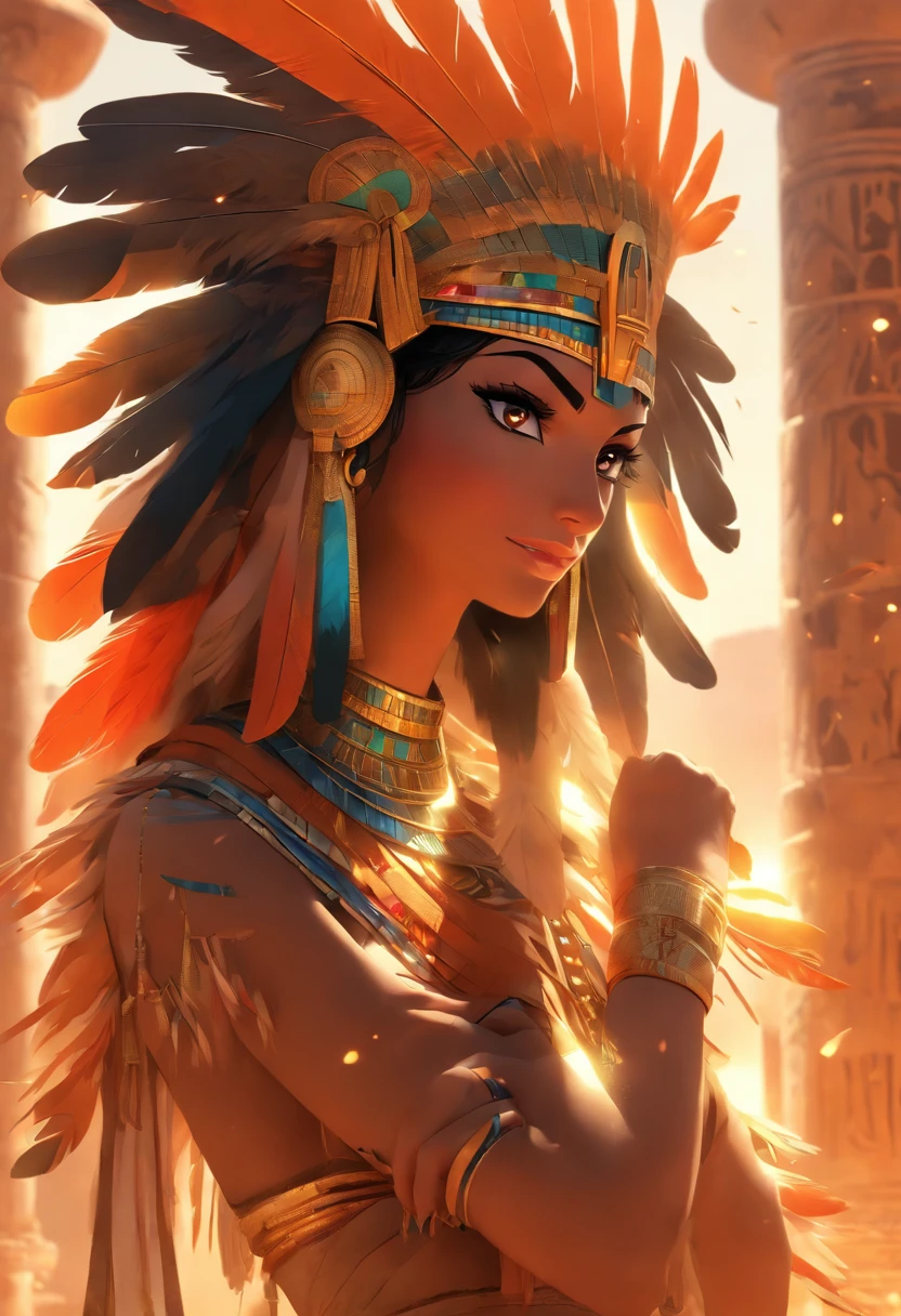 ((Maat feather adornment))) best quality, very high resolution, 4K detailed CG, masterpiece, Egyptian mythology, Maat, woman, sun in the background, Ancient Egypt, standing pose, orange clothes, Egyptian clothes, temple Egyptian, desert, Ancient Egypt, ((standing pose)), Egyptian palace, aesthetics, beautiful image, centered on screen, full body