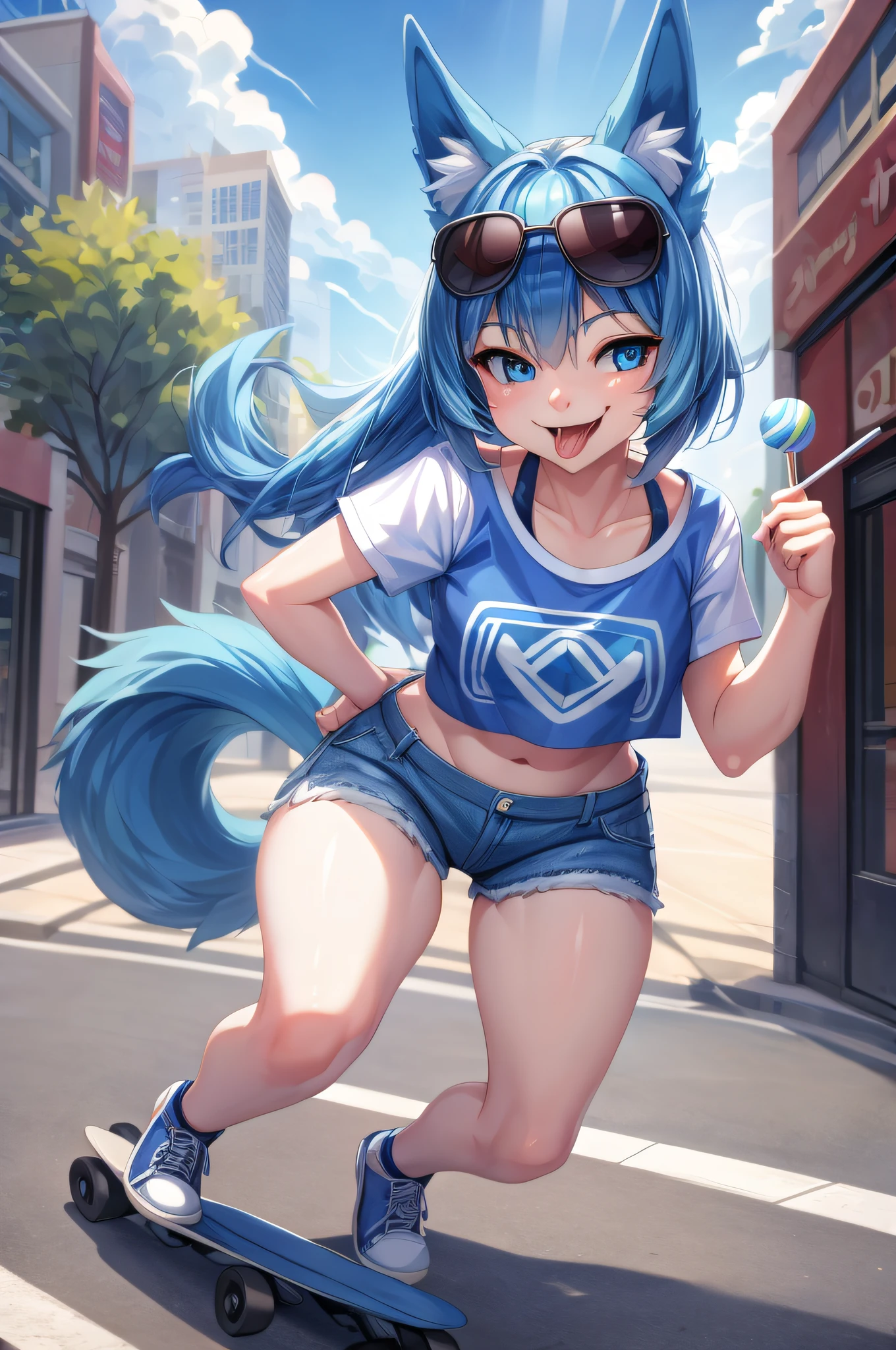 (Masterpiece) (High Detail) (High Res) A short humanoid girl with pale human skin and blue eyes and long blue hair and blue dog ears and a fluffy dog tail is skate-boarding down a street, wearing denim short shorts and a cropped t-shirt, and sunglasses. She has a lollipop in her hand, and her tongue is out as she smiles.