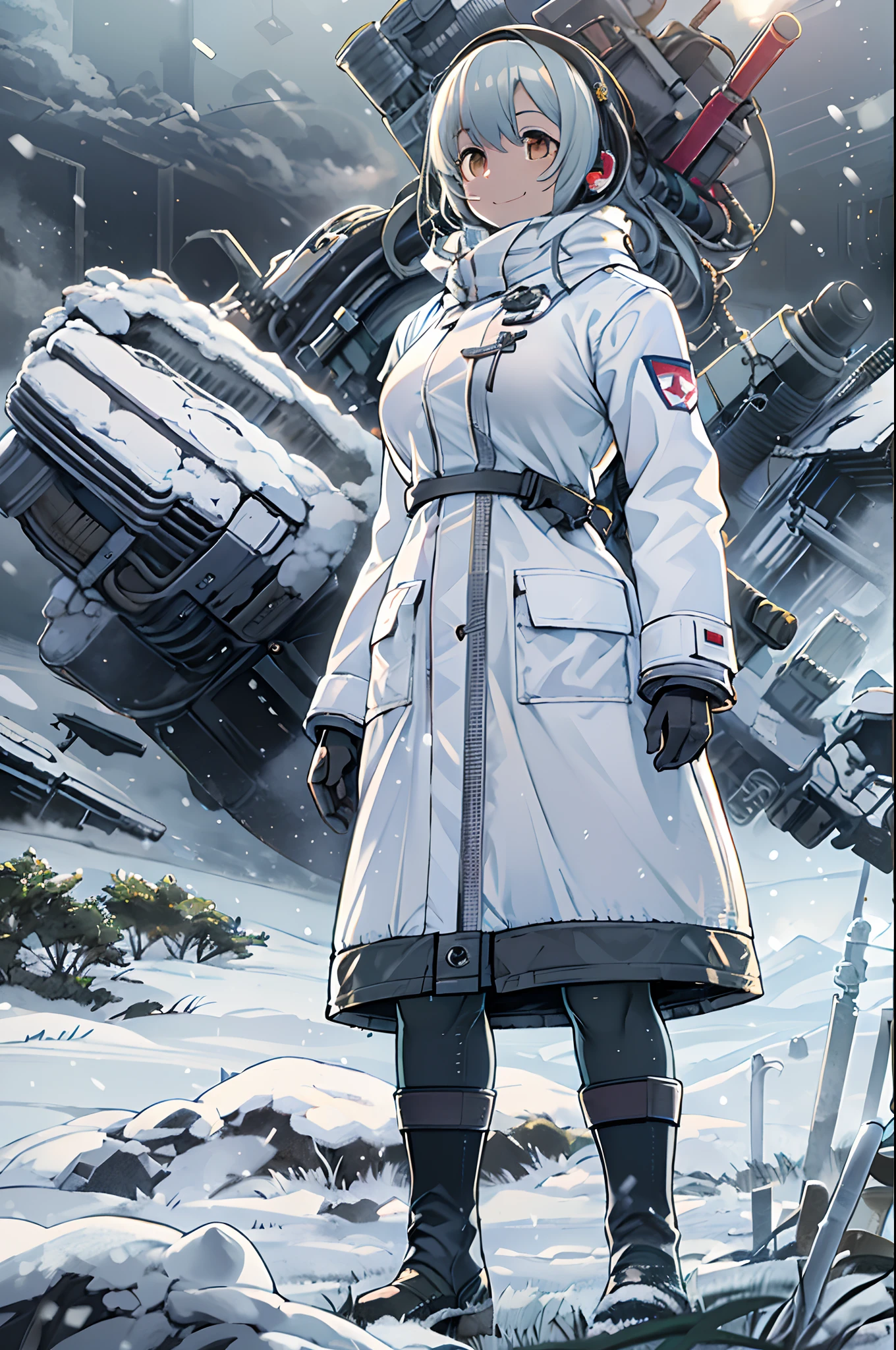 Science fiction,a science fiction film,cannons,Long-range missiles,Based on the Film Foundation ,Woman,Adult,The protagonist,28 years old,A hopeful face,Brown eyes,Short hairstyle,White-gray on black hair,Scientist uniform,White researcher coat,Open Meadow,Rebel,Chaotic,A futuristic world,Socialist world,Snow,the chaos