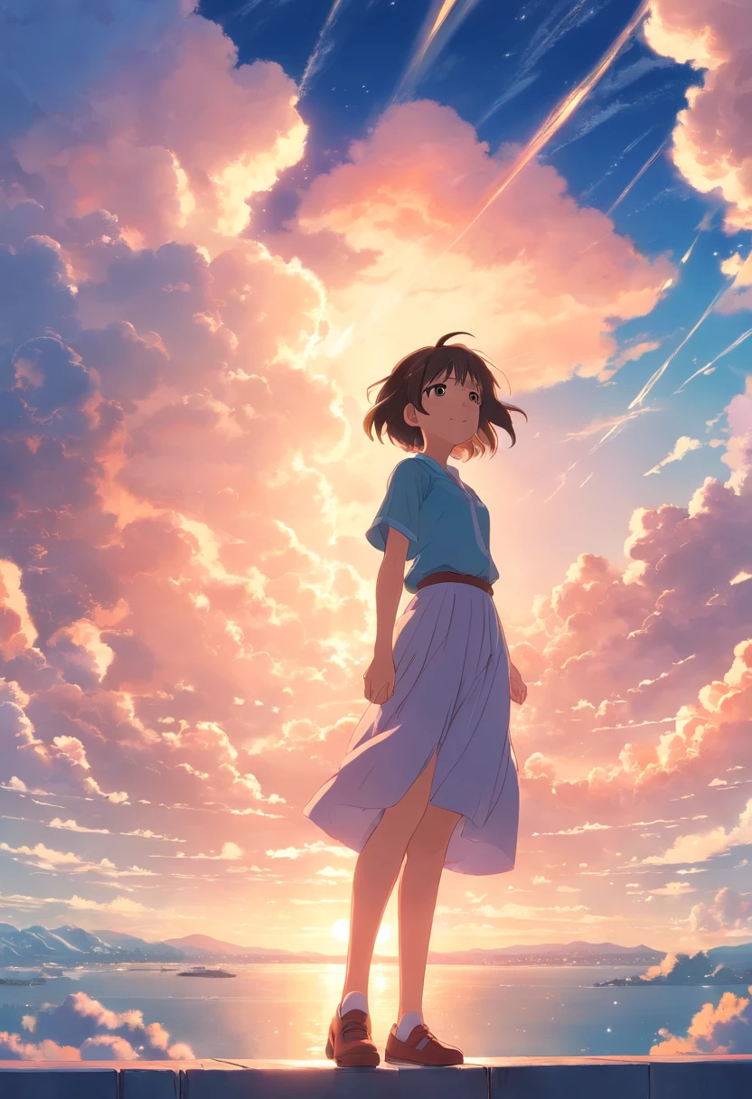 masterpiece, best quality, movie still, 1girl, cloud girl, floating in the sky, close-up, bright, happy, warm soft lighting, sunset, (sparks:0.7)