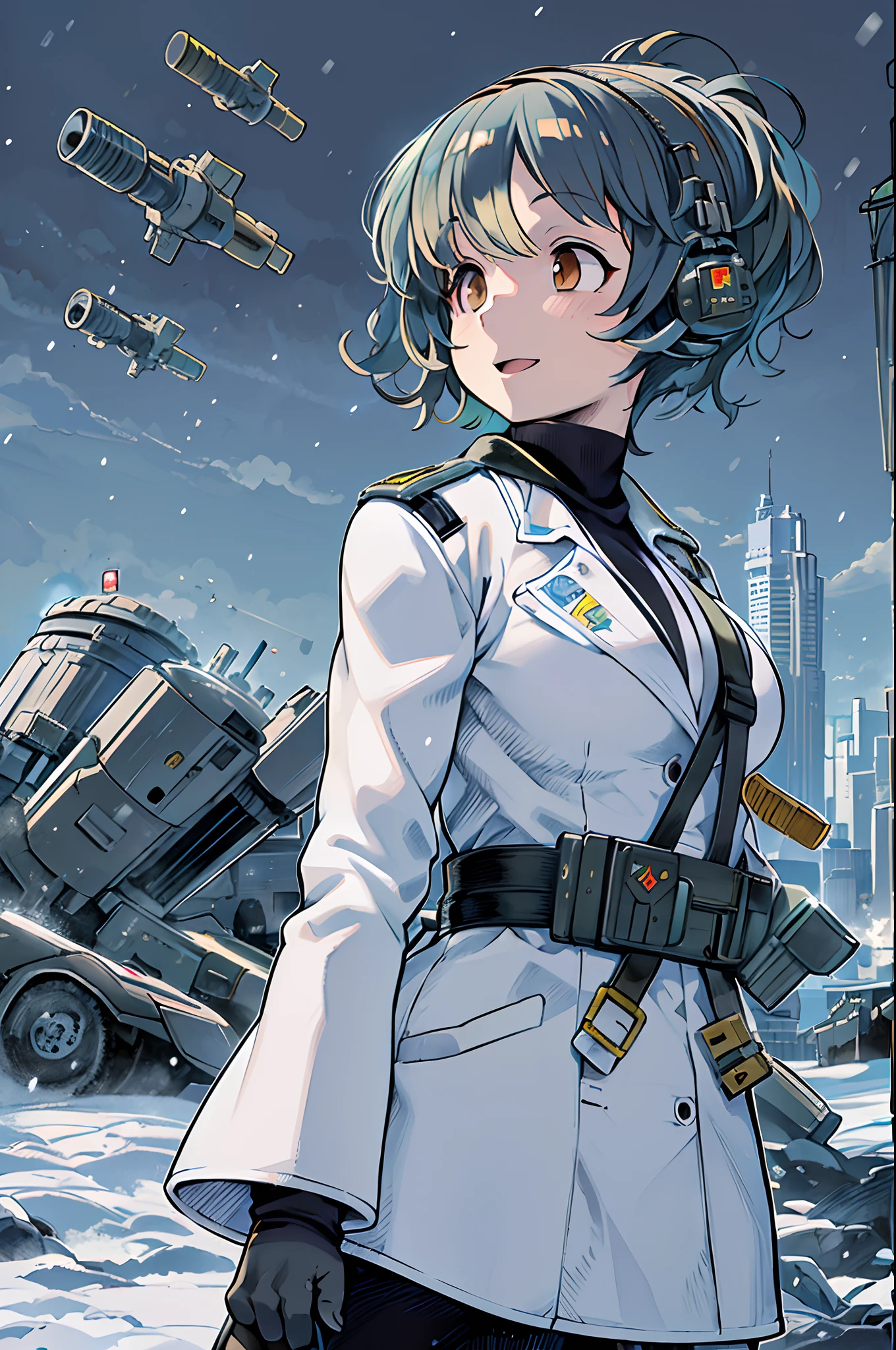 Science fiction,a science fiction film,cannons,Long-range missiles,Based on the Film Foundation ,Woman,Adult,The protagonist,28 years old,A hopeful face,Brown eyes,Short hairstyle,White-gray on black hair,Scientist uniform,White researcher coat,Open Meadow,Rebel,Chaotic,A futuristic world,Socialist world,Snow,the chaos