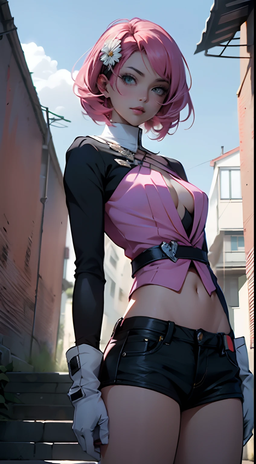 (master part, melhor qualidade) Alisa Rosto bonito, Olhos verdes detalhados , roupas elegantes e detalhadas , puffy lips ,Short Pink Hair Flower Accessories, (melhores detalhes) ( melhor qualidade) espetacular, dramatic scenery, Tekken , Digital anime illustration, Estilo anime 4K, por Yang J, Arte Digital Anime detalhada, arte digital estilo anime, a beautiful artwork illustration, Digital anime illustration, Arte Digital Anime, 8k arte detalhada de alta qualidade, TEKKEN 7