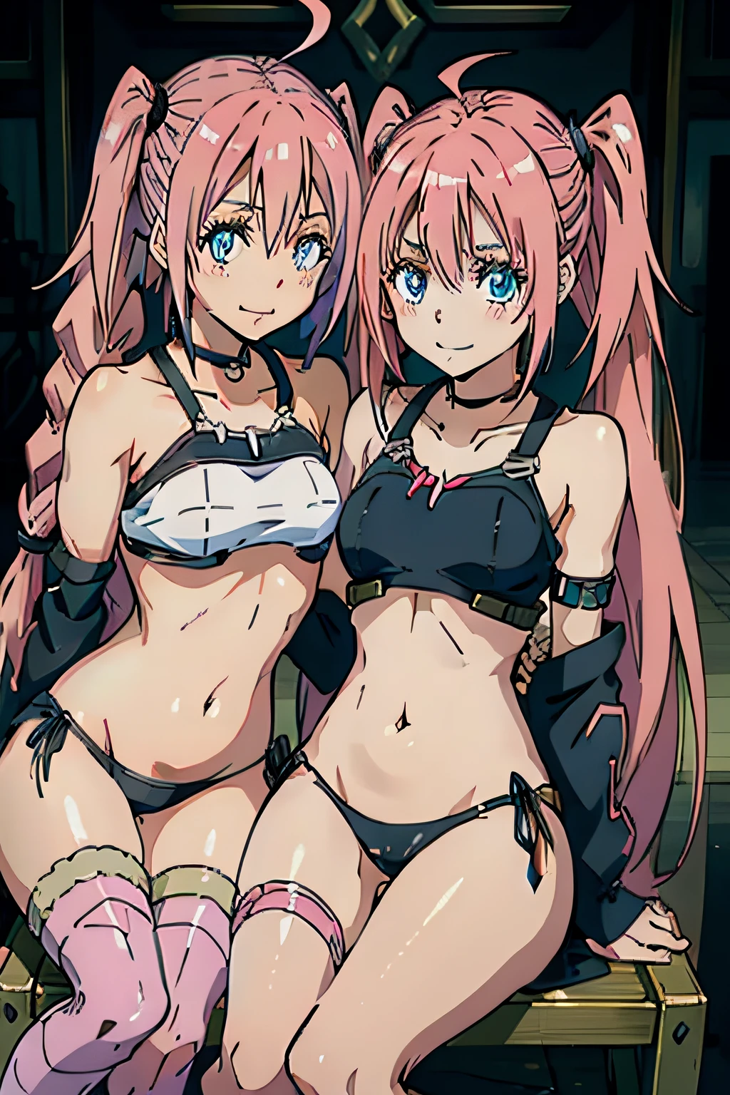 Girly and girly couples, ((Milim Nava de tensura)), Girl sitting on a chair wearing a very short black bikini, long pink hair, braids, blue eyes, beautiful, cute。Girl in a bikini, shy, redhead, blonde, sexy , green eyes, beautiful