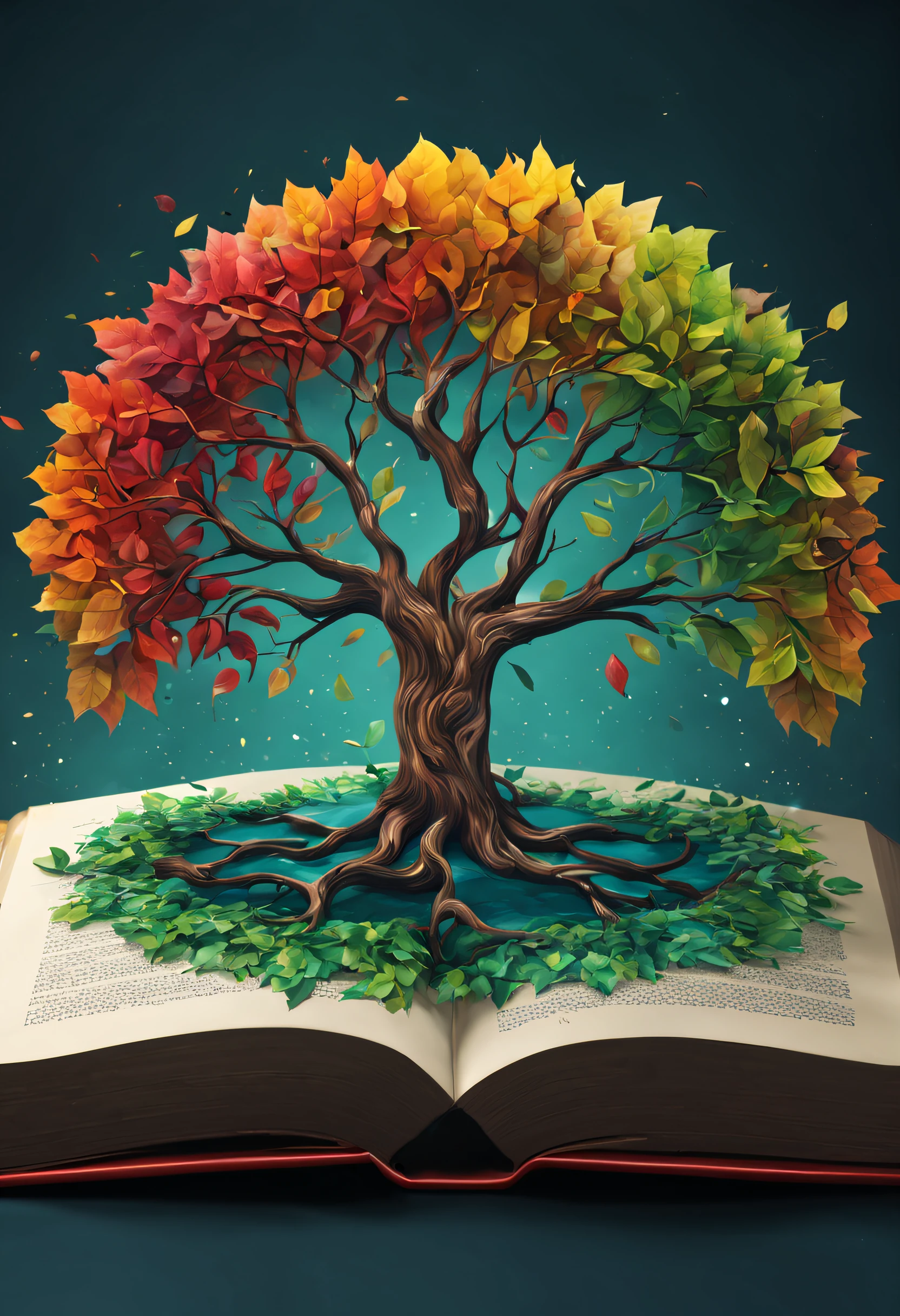 Generate a circular logo with a tree with multicolored leaves sprouting from a closed book, con un fondo de agua. Apply an abstract and modern art style with a symmetrical composition. Set the scene in a mysterious and magical environment. Describe the image by focusing on harmonious color schemes and emphasizing texture details.