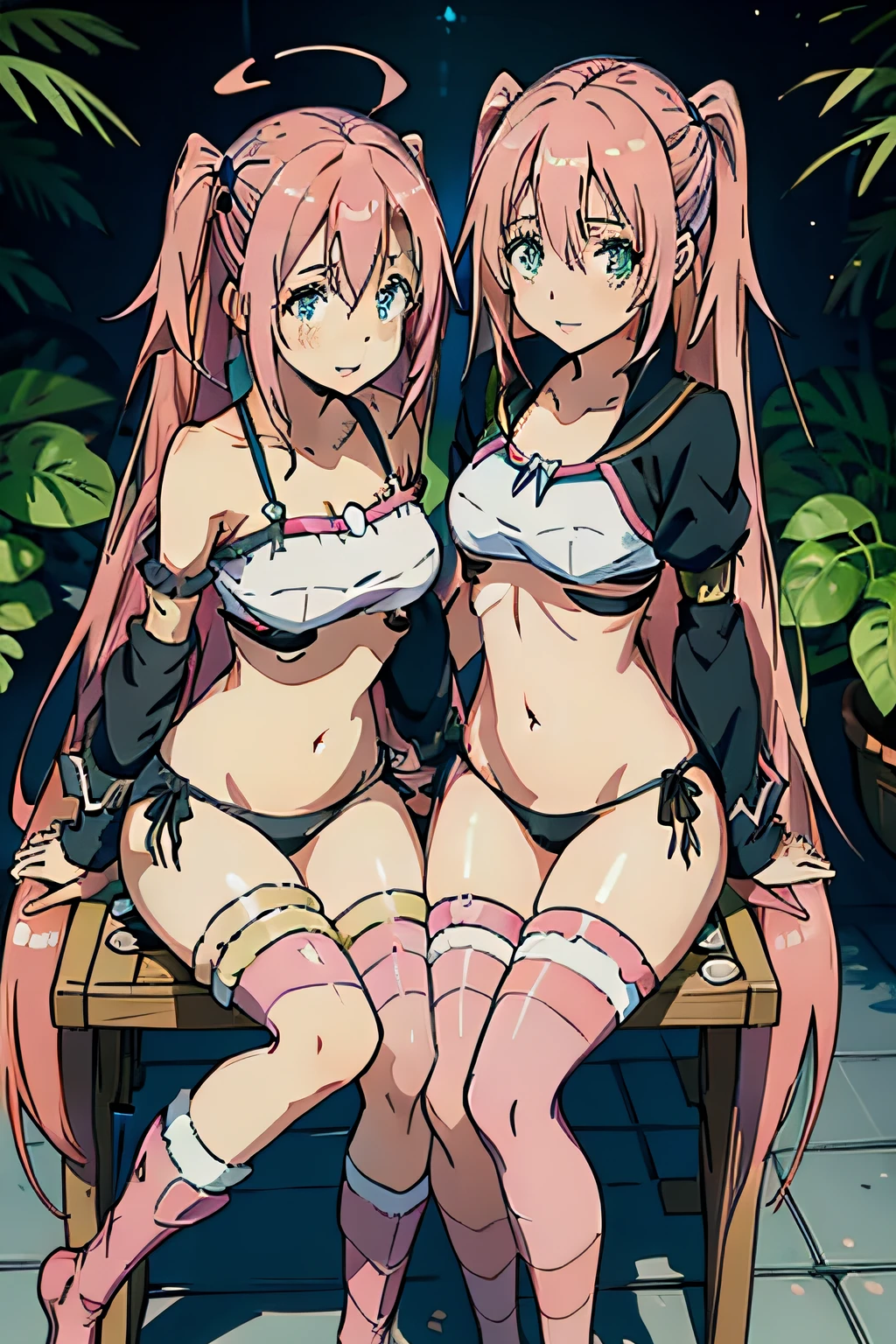 Girly and girly couples, ((Milim Nava de tensura)), Girl sitting on a chair wearing a very short black bikini, long pink hair, braids, blue eyes, beautiful, cute。Girl in a bikini, shy, redhead, blonde, sexy , green eyes, beautiful