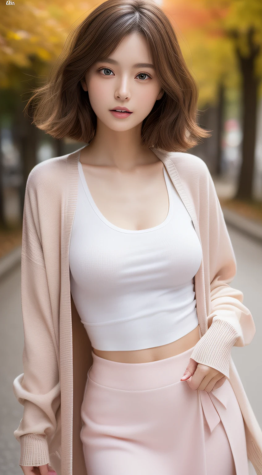 (photographed:1.2)、(Photorealsitic:1.4)、(masterpiece:1.3)、(top-quality:1.4)、超A high resolution、(A detailed eye)、(detailed facial features)、(detailed clothes features)、8K分辨率、solofocus、bangss、Double eyelids、Beautiful lips、toned legs、(Slender girl)、(a japanese girl)、(Japan Faces)、1 girl in、Slim Beauty:1.3、brown haired、Delicate hair、The background is a row of ginkgo trees、(((Autumn clothes)))、((White T-shirt))、(((Pink long-sleeved cardigan)))、(long skirt)、In the street、(Beautiful breasts:1.2)、Realistic body、de pele branca、Slim body、(short-hair:1.2)、(bangss: 1.2)、Bruises and ugly face、kawaii faces、Lifelike face、Delicate body、((sexy pose))、stunning lighting