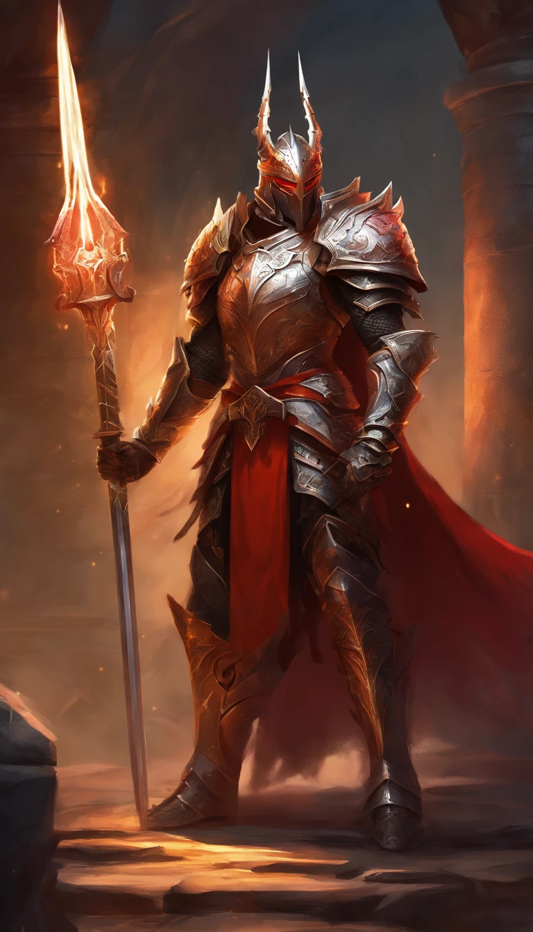 (Best quality,4K,8K,A high resolution,Masterpiece:1.2),Ultra-detailed,A sword-wielding demon armor warrior stood in the hall, Full body portrait of the mysterious knight, Wearing heavy armor，A sacred warrior wielding a legendary sword, Mythical warriors in full-body armor, A golden knight with divine armor, The helmet is decorated with the devil's horns, The eyes glow blood-red, Concept art for glorious figures, Crimson Armor Knight, Epic Paladin armor, Holy medieval knight, Kneel on one knee, Blades embedded in the earth, submission, Full body shot.