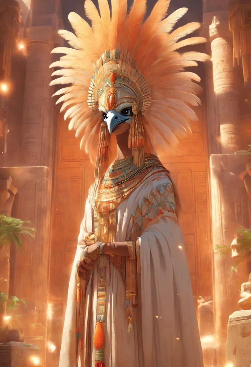 ((Maat ostrich feather adornment))) best quality, very high resolution, 4K detailed CG, masterpiece, Egyptian mythology, Maat, woman, sun in the background, Ancient Egypt, standing pose, orange clothes, Egyptian clothes , Egyptian temple, desert, Ancient Egypt, ((standing pose)), Egyptian palace, aesthetics, beautiful image, centered on screen, full body