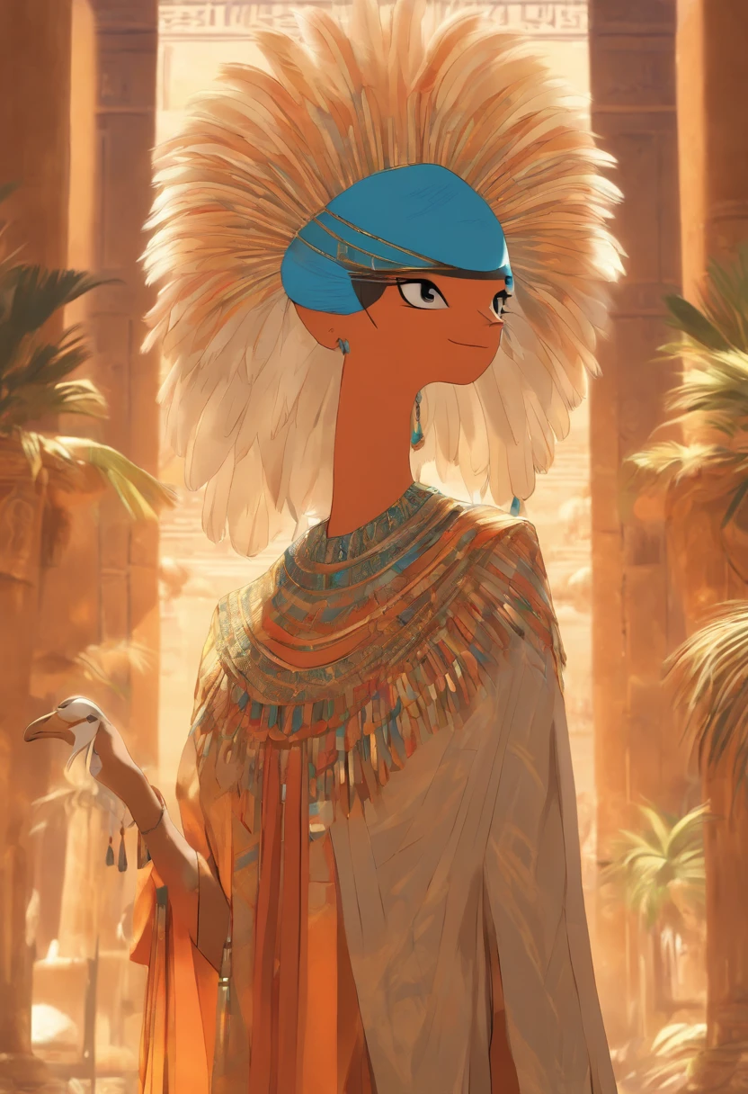 ((Maat ostrich feather adornment))) best quality, very high resolution, 4K detailed CG, masterpiece, Egyptian mythology, Maat, woman, sun in the background, Ancient Egypt, standing pose, orange clothes, Egyptian clothes , Egyptian temple, desert, Ancient Egypt, ((standing pose)), Egyptian palace, aesthetics, beautiful image, centered on screen, full body