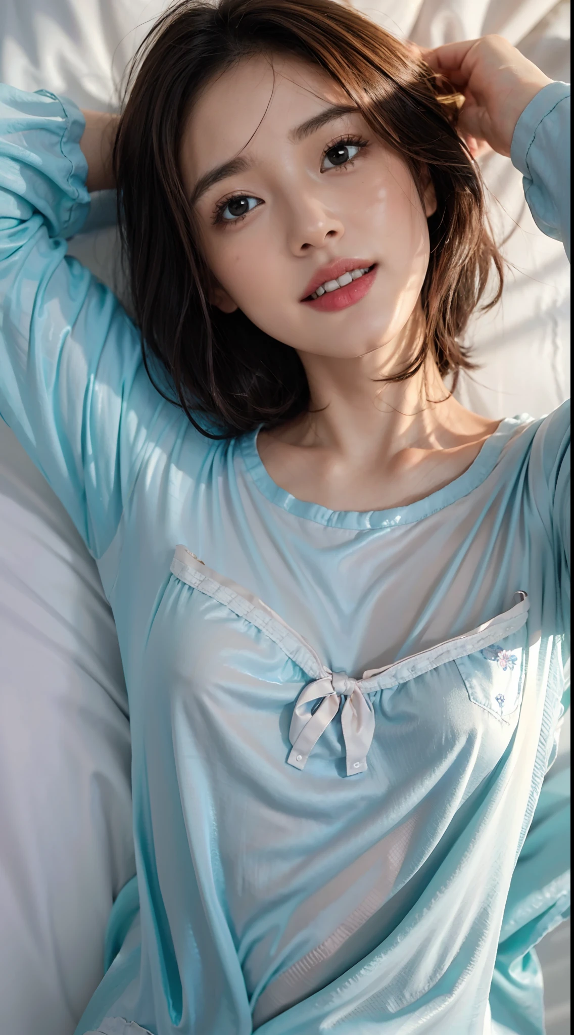 (shoulder-length straight short hair:0.9),（Extremely meticulous CG 8k wallpaper），（Extremely refined and beautiful），（Masterpiece），（best qualtiy:1.0），（Ultra High Resolution:1.0),beautiful light up，Perfect lightning,realistic shaded，[A high resolution],(Smooth and flawless fair skin:1.5),(shiny skin:1.5),Extremely exquisite facial details，ultra - detailed,A  girl,small head,dawn,dim light,Close Shot,at home,in bedroom,Blue green background,lying flat on back in bed,(laughing:1.3),top down overhead camera perspective，small face,（perfect body:1.1）,small breasts，flat chest，slim,collar,(white pajama shirt:1.5),(femal orgasmic:1.5),(blush:1.3),ahegao,cowboy shot,portrait