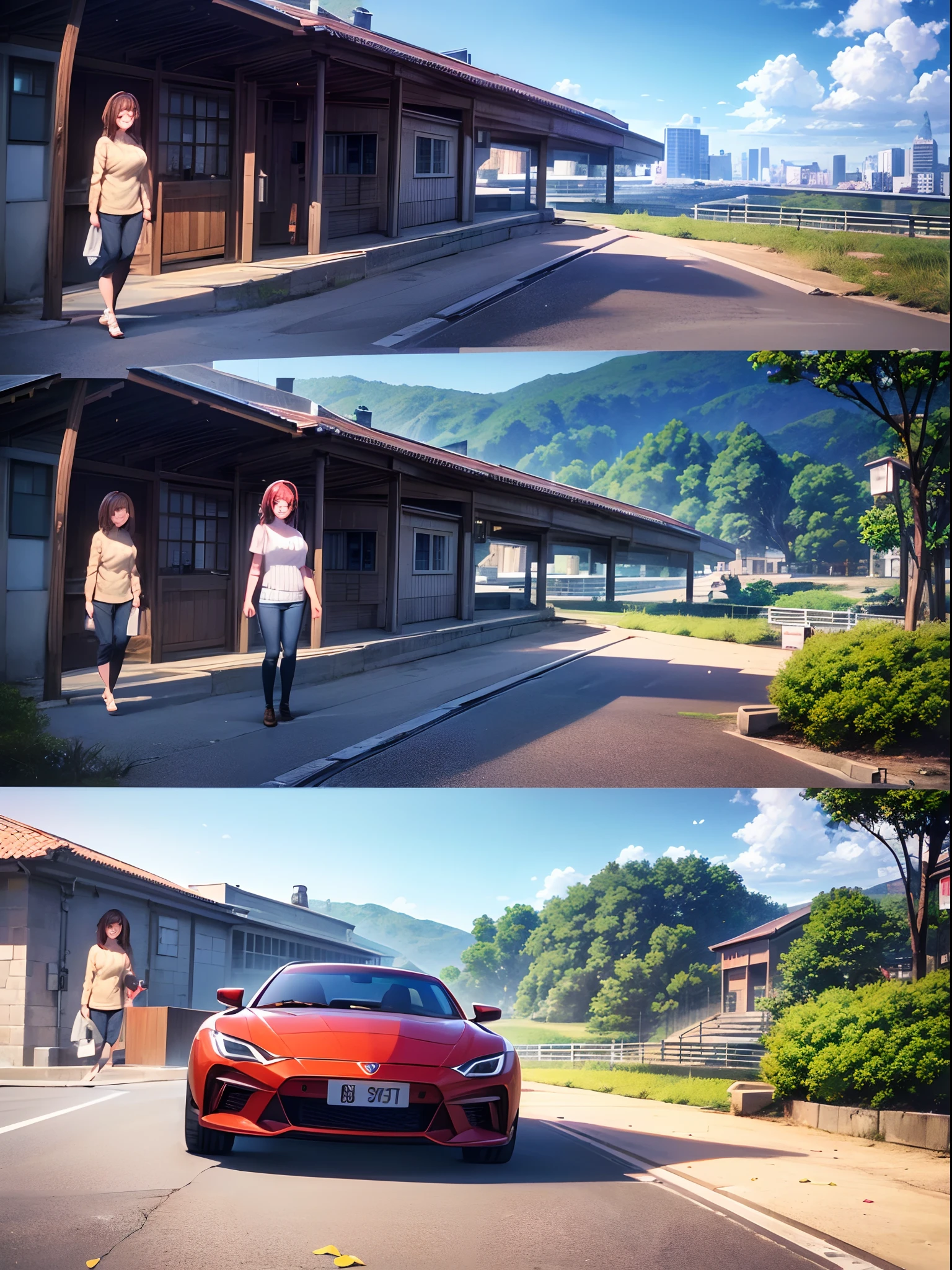 (A hyper-realistic), (Illustration), (High resolution), (8K), (Very detailed), (Best Illustration), (Best Quality), (ultra-detailliert), (masutepiece),fantastic landscape、Confetti、Adult woman smiling gently、colorful summer sweater、(huge-breasted)、disheveled clothing、Ahoge、fantastic road,