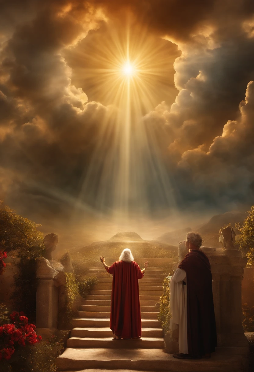 Crie uma imagem realista , where an older man is raptured to heaven and finds the throne of God. the image needs to reflect the passage in the Bible where Paul describes his rapture.