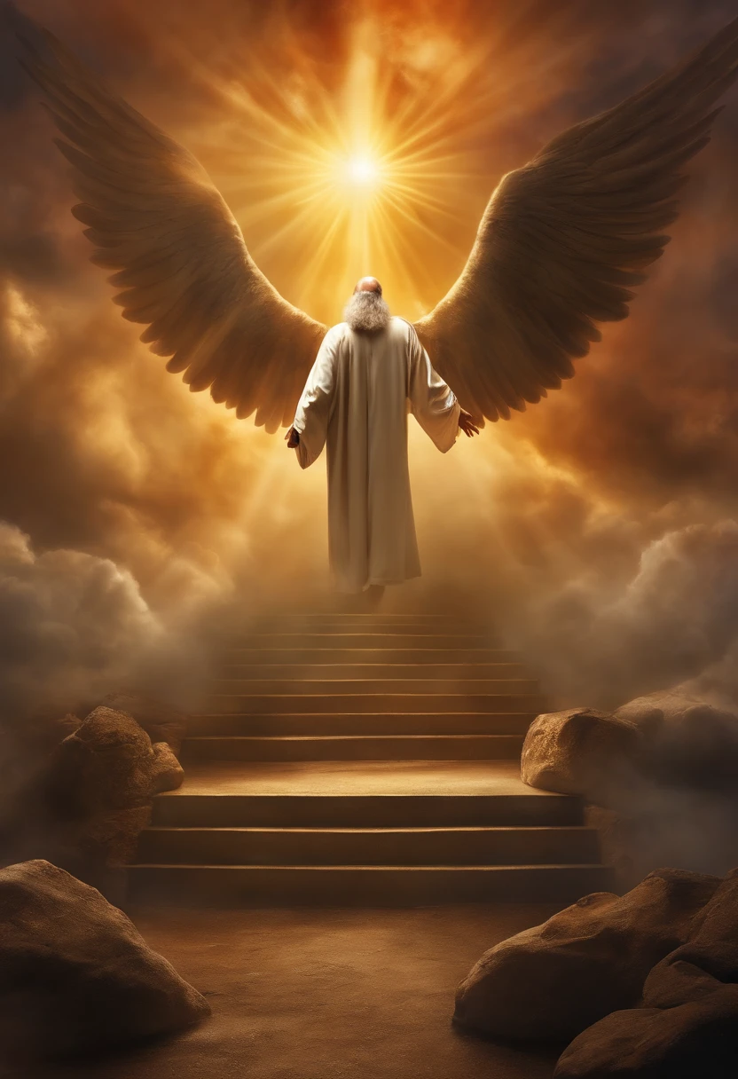 Crie uma imagem realista , where an older man is raptured to heaven and finds the throne of God. the image needs to reflect the passage in the Bible where Paul describes his rapture.