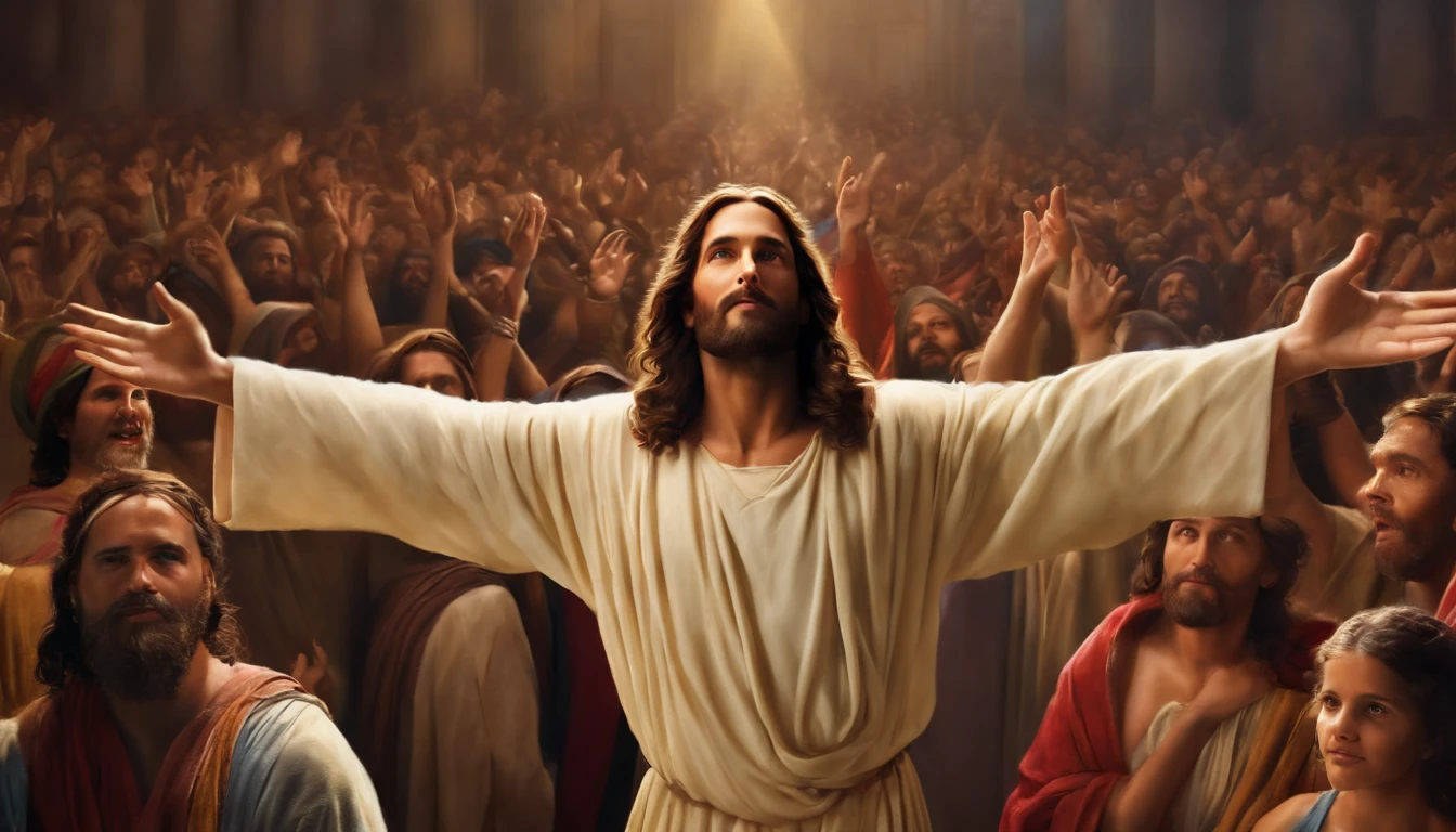 Create an image of Jesus preaching to an anime-style crowd