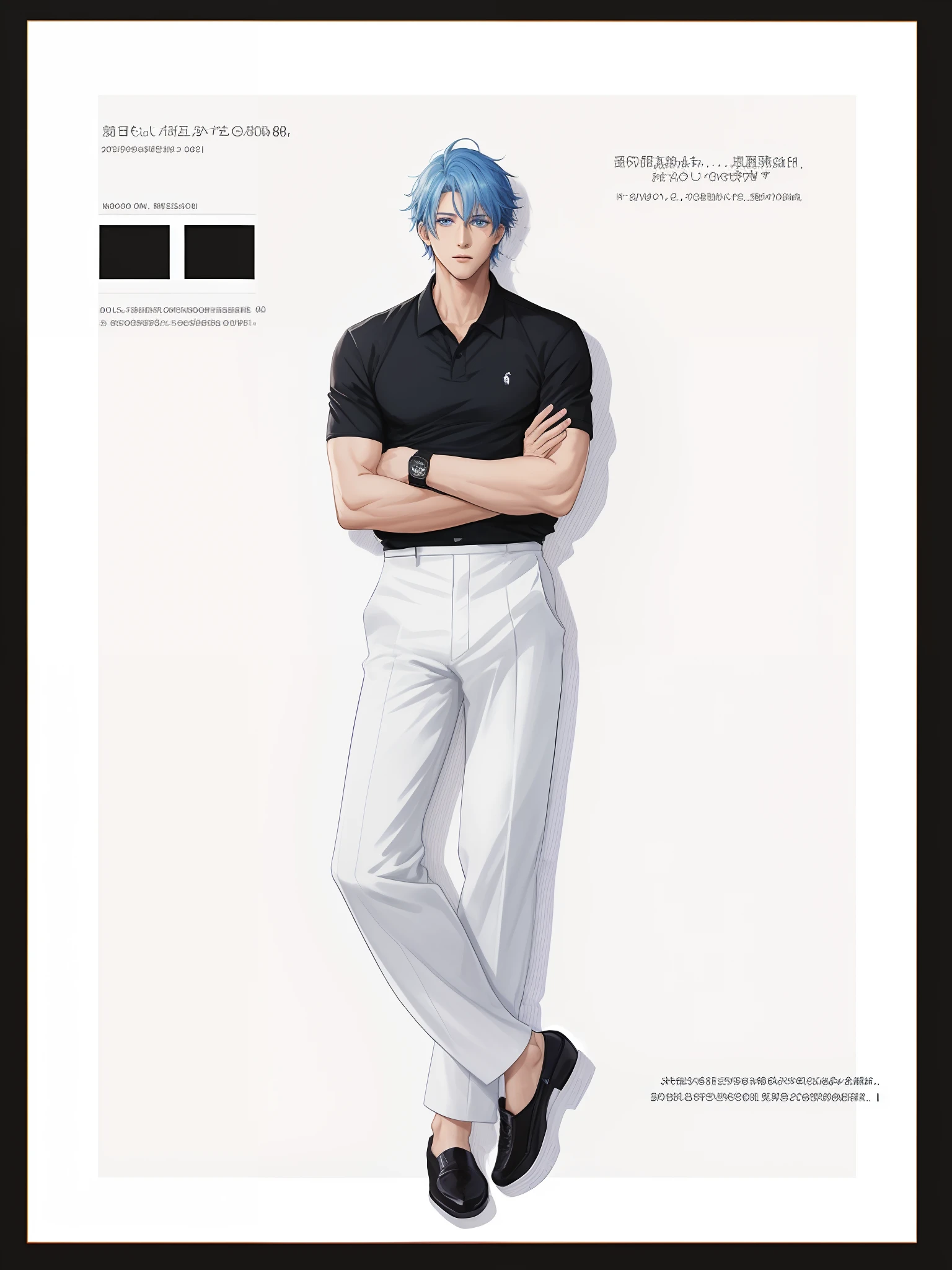 arafed image of a man in a black shirt and white pants, anime full body illustration, !!full body portrait!!, wearing polo shirt, full body portrait of a short!, full body illustration, single character full body, fullbody view, official character illustration, jk uniform,gojo satoru, Jujutsu kaisen, fullbody portrait, tall anime guy with blue eyes,