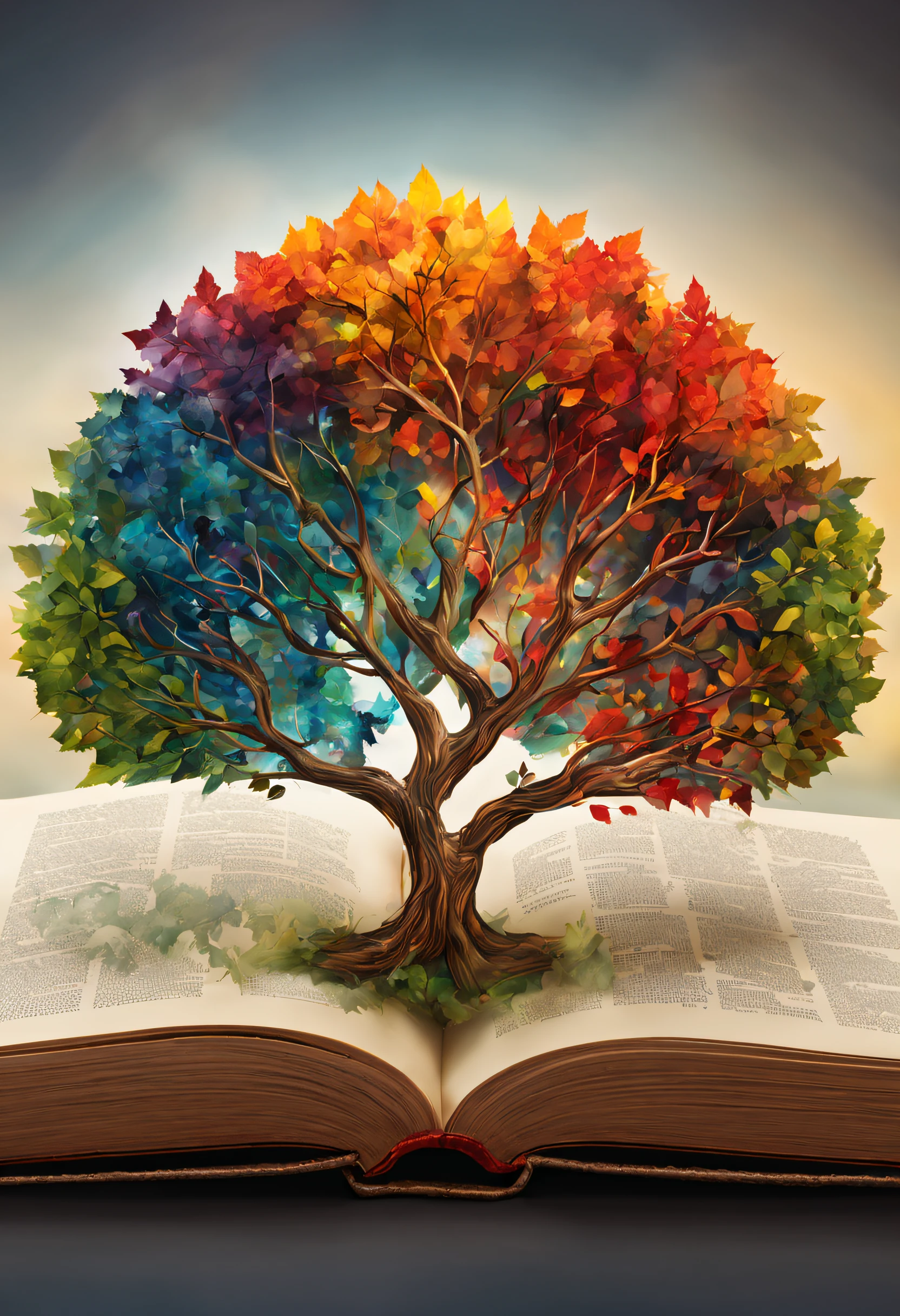 Generate a circular logo with a tree with multicolored leaves sprouting from a closed book, con un fondo que represente los 4 elementos, fuego, agua, aire y tierra. Apply an abstract and modern art style with a symmetrical composition. Set the scene in a mysterious and magical environment. Describe the image by focusing on harmonious color schemes and emphasizing texture details.