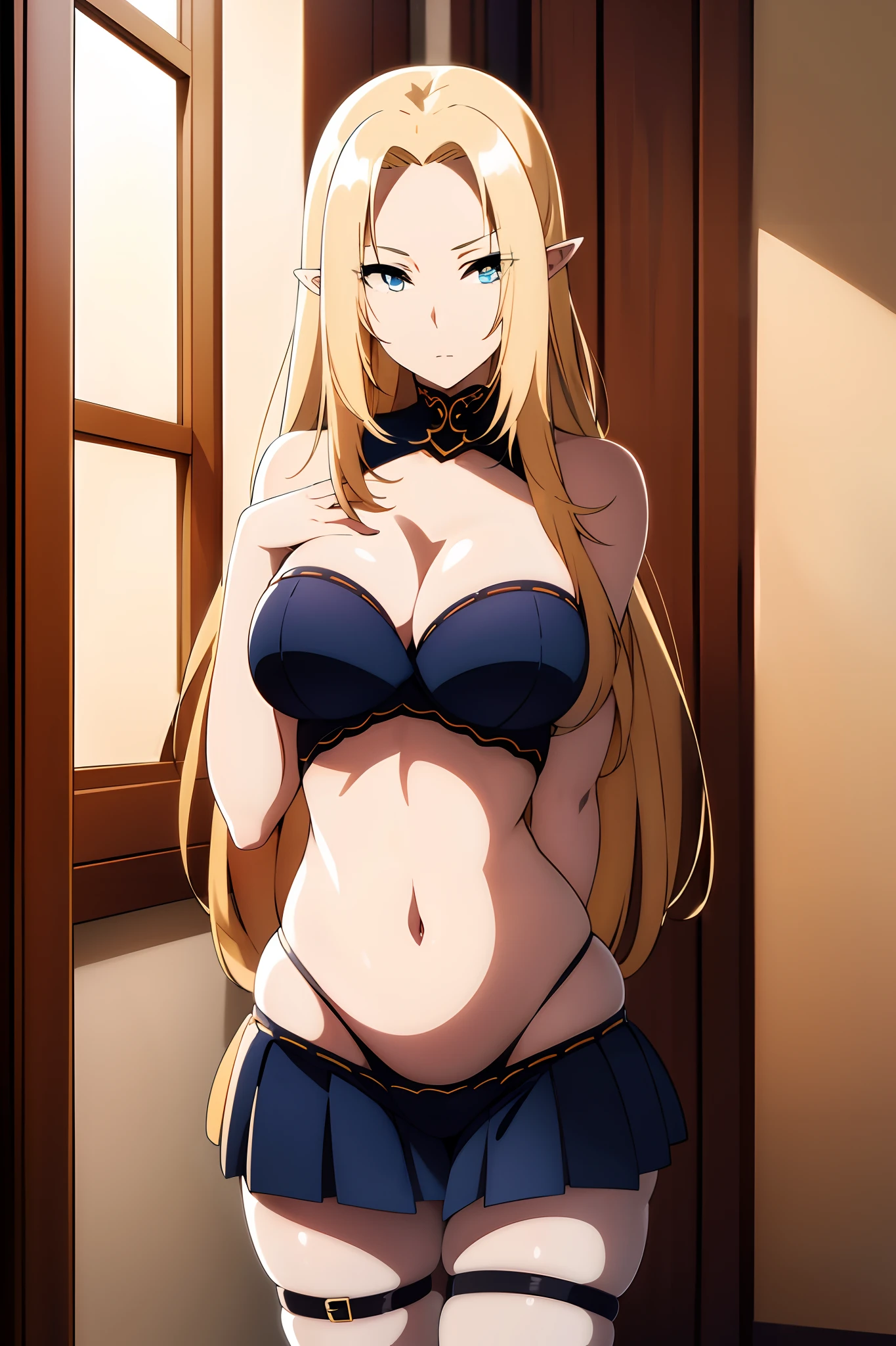1girl, solo, blonde_hair, pointy_ears, luminous eyes, blue_eyes, long_hair, sexy mature look, intense gaze, 4K resolution, masterpiece, highres, illustration, extremely delicate and beautiful, extremely detailed, upper_body, collarbone, cleavage, large_breasts, thigh_strap, fit body, bedroom,  standing, looking_at_viewer, perfect hips, perfect eyes, perfect hands, perfect fingers, perfect legs, perfect thighs, perfectly drawn anatomy, shirt, skirt,