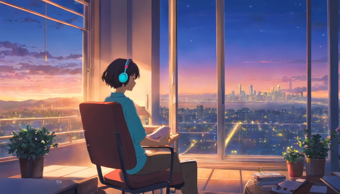 portlate、512、lo-fi、Girl in headphones sitting on a chair、Napping at your desk、Eyes closed、City view outside the window、early evening、PastelColors、Painting