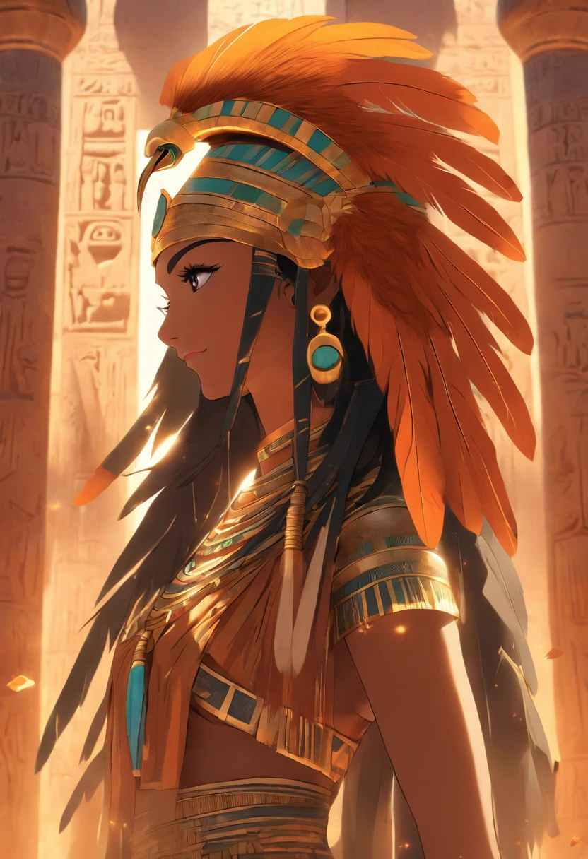 ((Maat feather adornment))) best quality, very high resolution, 4K detailed CG, masterpiece, Egyptian mythology, Maat, woman, sun in the background, Ancient Egypt, standing pose, orange clothes, Egyptian clothes, temple Egyptian, desert, Ancient Egypt, ((standing pose)), Egyptian palace, aesthetics, beautiful image, centered on screen, full body