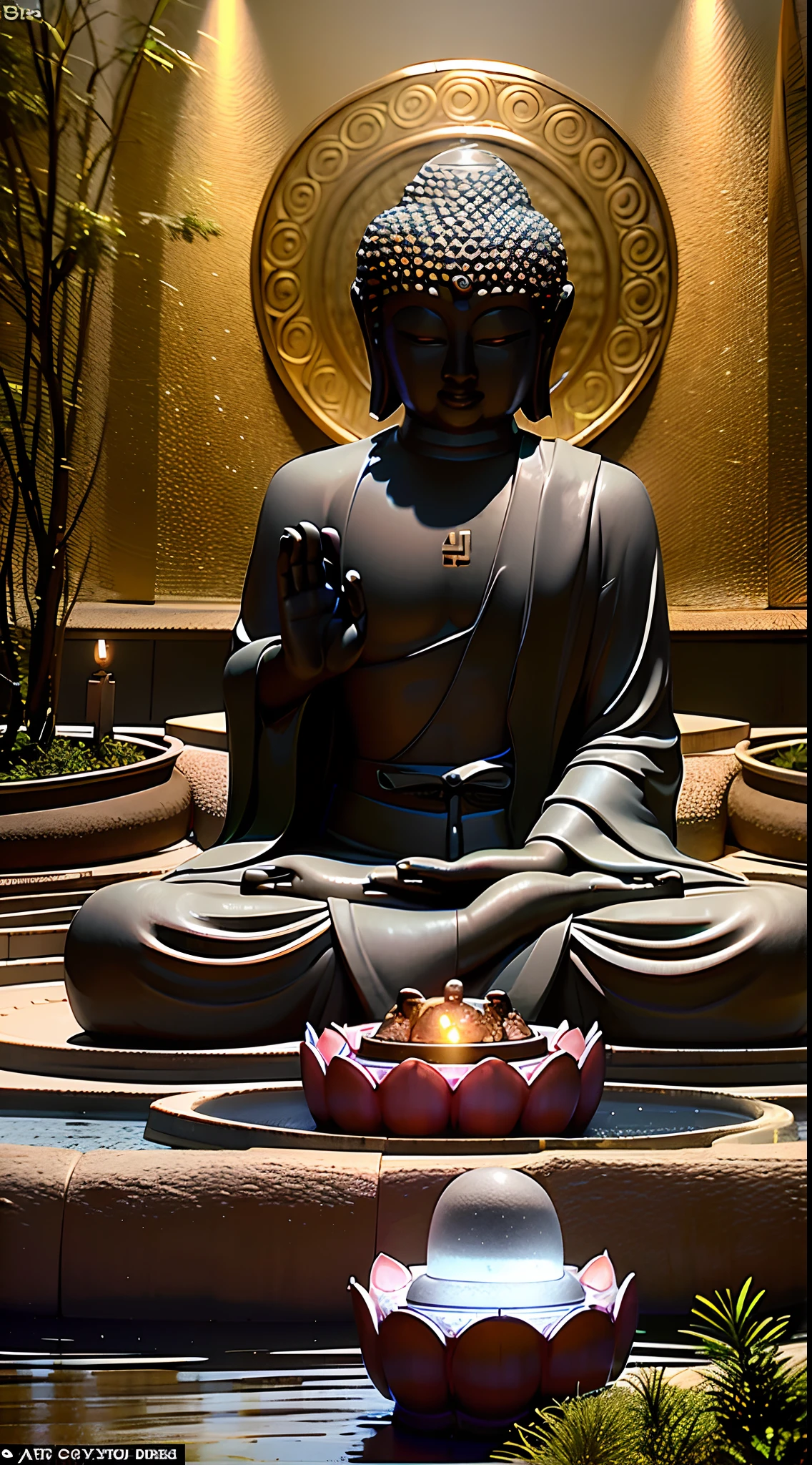 Maitreya, Maitreya Buddha, Maitreya, a large golden Buddha statue sitting in a room with a blue ceiling and a background of blue sky, clouds, above_clouds, airship, aurora, bridge, building, castle, chimney, city, city_lights, cityscape , clock, clock tower, clouds, cloudy sky, constellations, crescent, desert, earth_\(planet\), fireworks, floating islands, fountains, galaxies, glowing, houses, islands, lampposts, lanterns, light particles , galaxy, moon, mountain, night, night sky, no_humans, planet, landscape, meteor, sky, skyline, skyscraper, snow, snowing, space, star_\(sky\), star_\(symbol\), starry_sky, starry_sky_print, telescope, tower, town, twilight, ship
