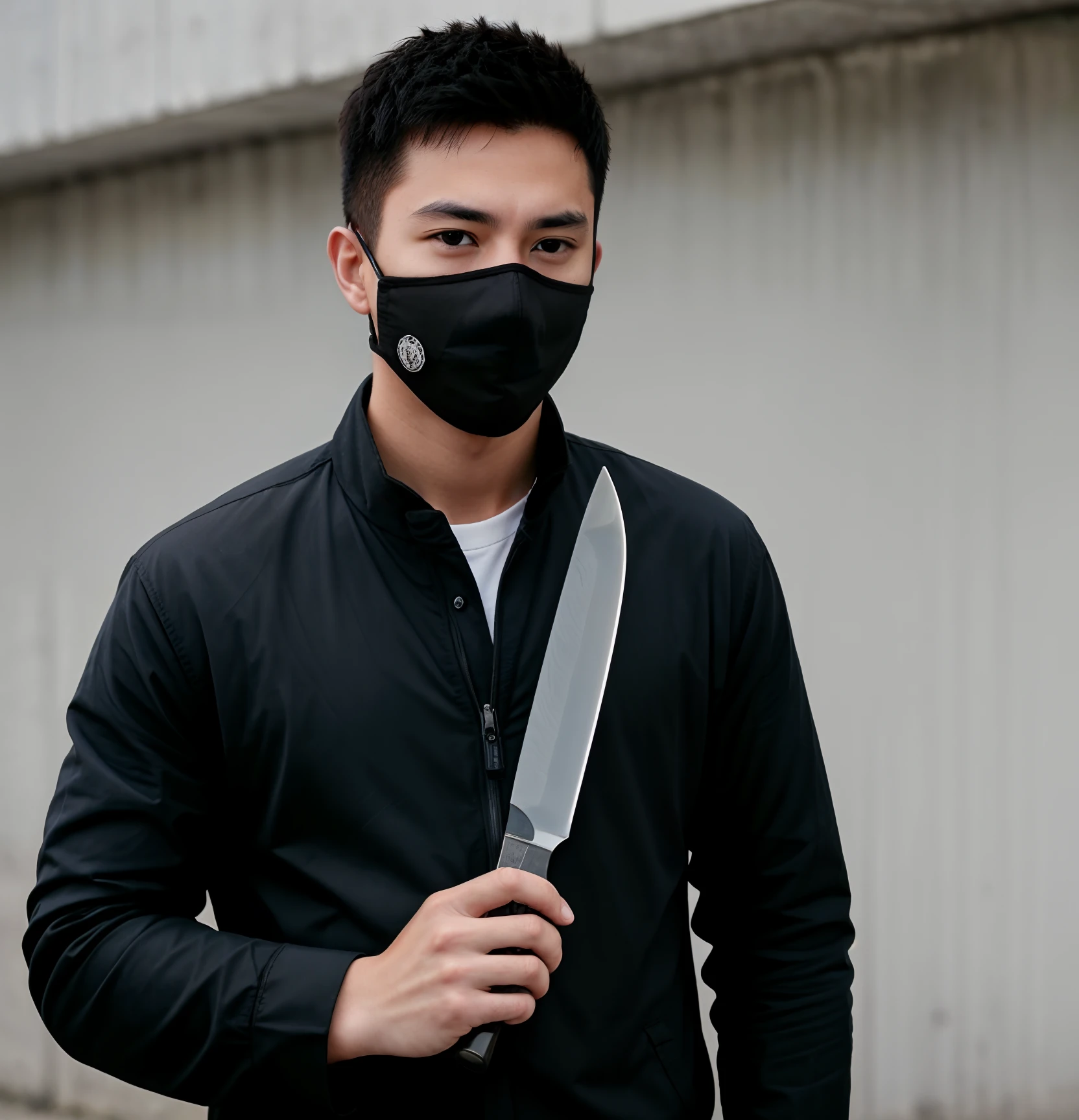 One wears a mask，Masked robber with a large knife in his hand，Handsome，Sense of oppression