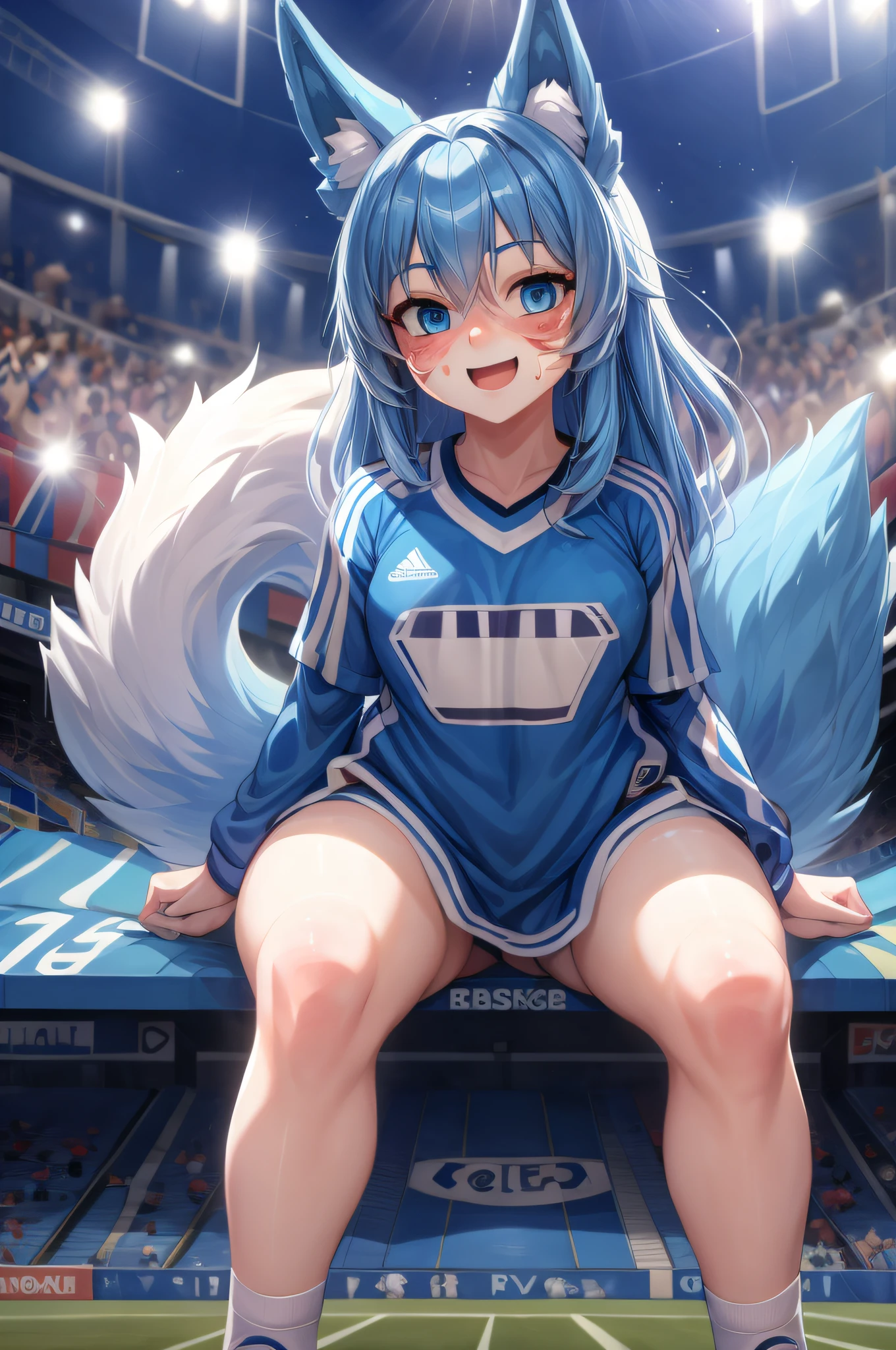 (Masterpiece) (High Detail) (High Res) A ite short humanoid girl with pale human skin and blue eyes and long blue hair and blue dog ears and a fluffy dog tail is dressed in an oversized soccer jersey with paint on her cheeks and a giant foam hand on one hand, she is sat in a soccer stadium with lots of other fans in the crowd shouting and cheering for her team.