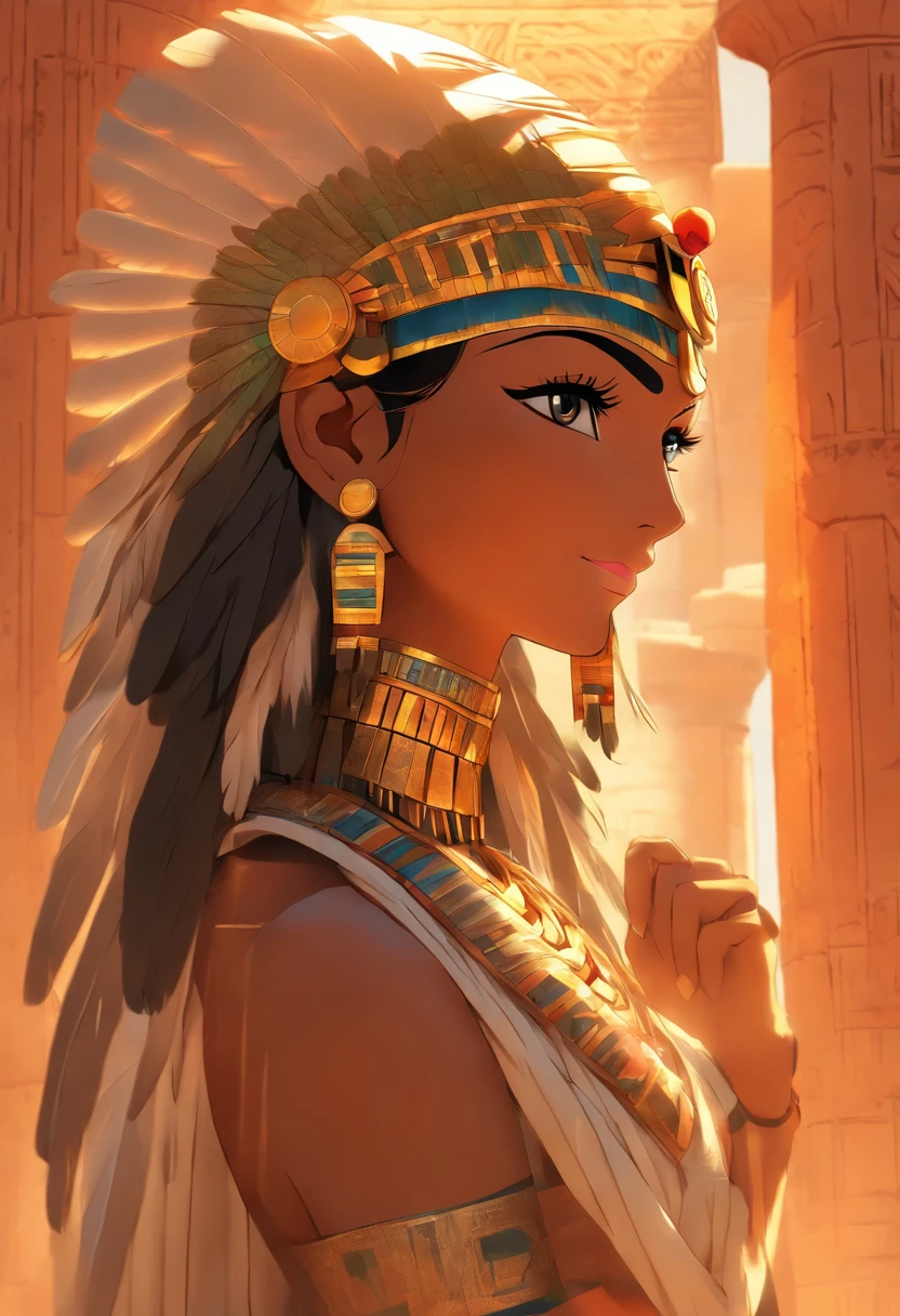 ((Maat feather adornment))) best quality, very high resolution, 4K detailed CG, masterpiece, Egyptian mythology, Maat, woman, sun in the background, Ancient Egypt, standing pose, orange clothes, Egyptian clothes, temple Egyptian, desert, Ancient Egypt, ((standing pose)), Egyptian palace, aesthetics, beautiful image, centered on screen, full body