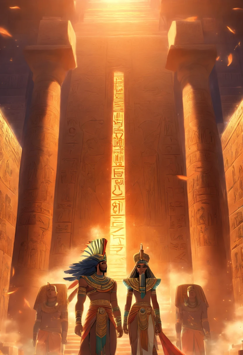 ((Maat feather adornment))) best quality, very high resolution, 4K detailed CG, masterpiece, Egyptian mythology, Maat, woman, sun in the background, Ancient Egypt, standing pose, orange clothes, Egyptian clothes, temple Egyptian, desert, Ancient Egypt, ((standing pose)), Egyptian palace, aesthetics, beautiful image, centered on screen, full body