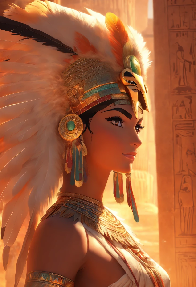 ((Maat feather adornment))) best quality, very high resolution, 4K detailed CG, masterpiece, Egyptian mythology, Maat, woman, sun in the background, Ancient Egypt, standing pose, orange clothes, Egyptian clothes, temple Egyptian, desert, Ancient Egypt, ((standing pose)), Egyptian palace, aesthetics, beautiful image, centered on screen, full body