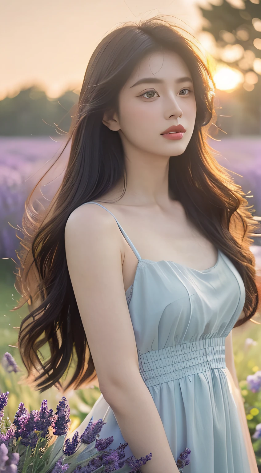 (hyperrealistic), (8K), ung girl, (beautiful detailed eyes), (beautiful detailed lips), (extremely detailed face), (long eyelashes), (soft smooth skin), (Supermodel body), (supermodel measurements), (wear Flowery dress), (in the lavender field), (stand Touching your hair), (vivid colors), (bright sunlight), (subtle shadows), (gentle breeze), (butterflies fluttering around), (delicate lavender scent), (dewdrops on flowers), (tall green grass), (lush purple lavender bushes), (golden sunset), (soft warm glow), (dreamlike atmosphere), (crisp clear details), (high definition), (natural lighting), (impeccable quality), (ultra-fine painting), (romantic and serene), (postcard-worthy scene), (captivating beauty), (innocence and youthfulness), (sublime elegance), (timeless charm), (ethereal mood), (artistic masterpiece), (mesmerizing composition), (flawless artistry), mix4