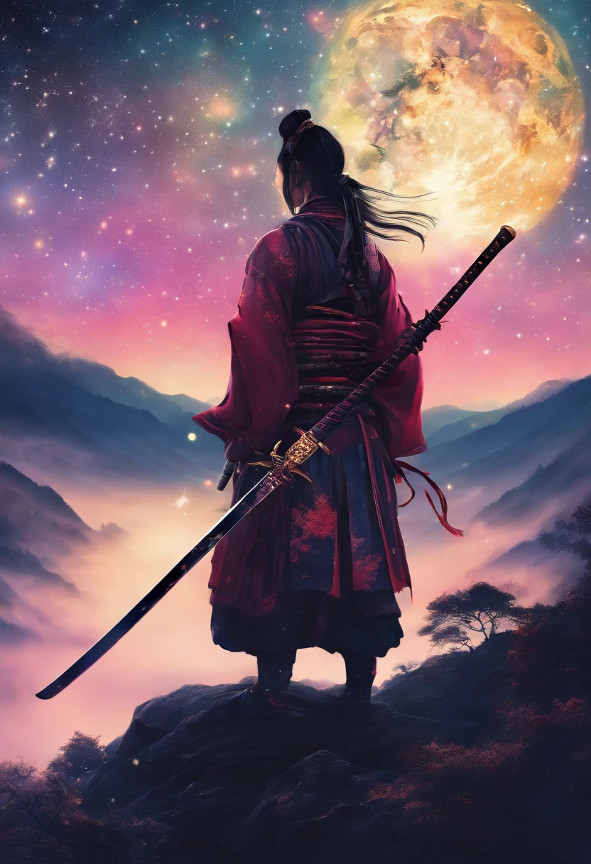 O samurai segura uma katana, Starry sky and mist cover the landscape.