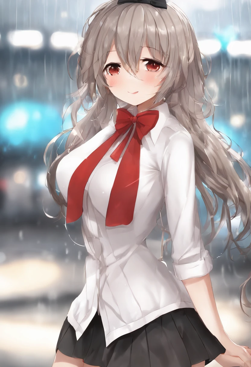 best quality, highres, absurdres, ultra-detailed, suzuya_(kancolle), 1girl, long_hair, skirt, solo, shirt, rain, wet_clothes, hair_ornament, wet, breasts, underwear, pleated_skirt, see-through, bowtie, red_bow