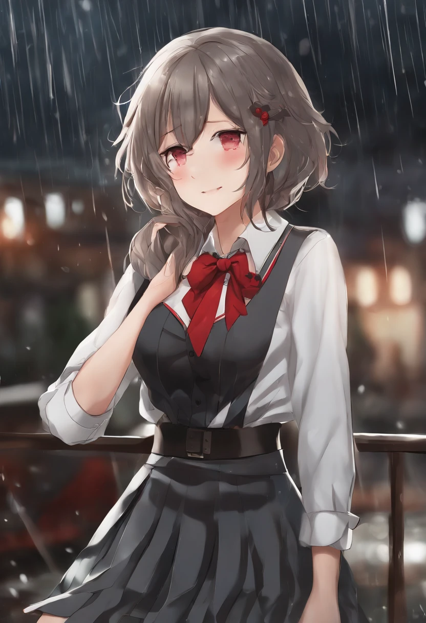 best quality, highres, absurdres, ultra-detailed, suzuya_(kancolle), 1girl, long_hair, skirt, solo, shirt, rain, wet_clothes, hair_ornament, wet, breasts, underwear, pleated_skirt, see-through, bowtie, red_bow