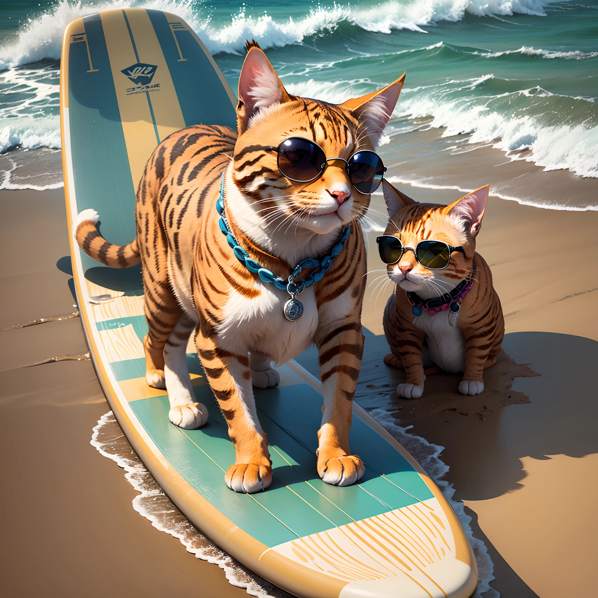 A fearless orange cat with sunglasses and a Hawaiian necklace, surfing on a board that looks like the sandals from the image --auto --s2