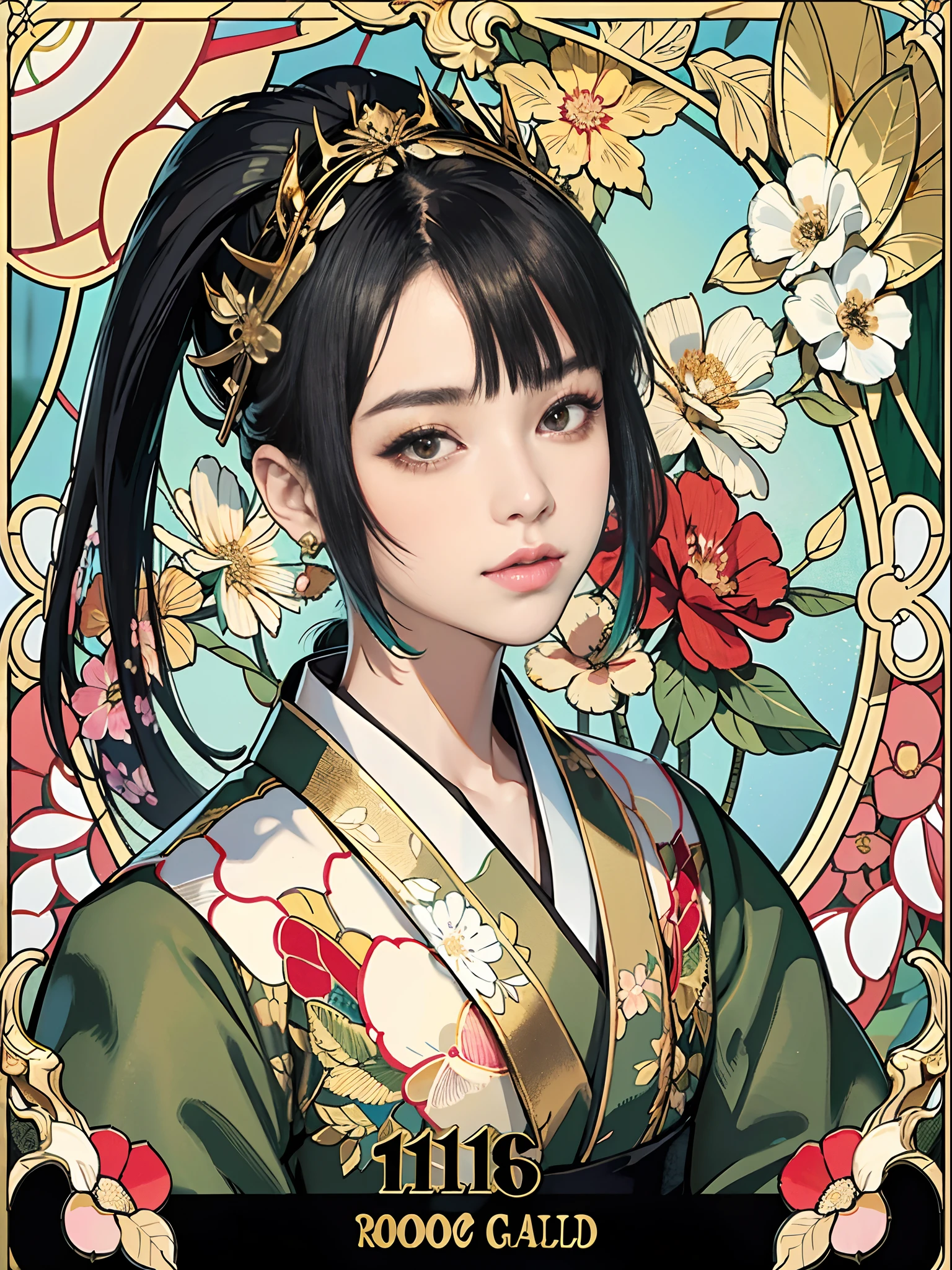 rokoko,Background of details(chies:1.1(stain glass:1.1)),BREAK,elaborate costume(Luxury kimono(Colorful kimono(detailed embroidery(Gold floral pattern)))),BREAK,1womanl(Beautiful and classy adult woman(Japanese actressl:1.2)(shinny hair(A black,verdant)(poneyTail:1.2))), Blake Wallpaper 16K,Blur the background,(masutepiece:1.5), (Best Quality:1.5),(Portrait photos:1.5),full body Esbian