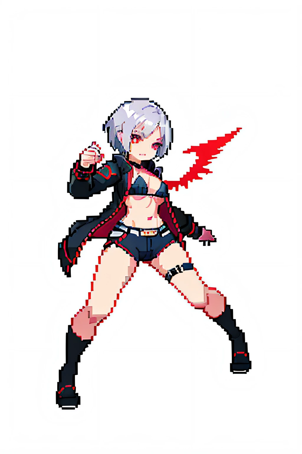 (masterpiece, top quality, best quality, less detail, ), pixel,pixel art, 1girl,full body,attack pose, US style, poor jacket, game asset, red eyes, silver hair, vampire element, ice element, bikini on top, fallen angel, short pant