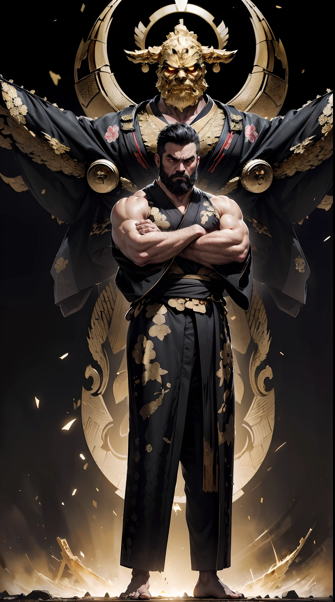 Full body strong man, (anger face:1.3), (wearing a full black and golden war kimono:1.8), (scales texture:1.6), (messy golden short hair:1.5), (big beard:1.1), (serious look:0.6), (standing with arms crossed:1.8), (look at the the viewer:1.3), (golden rays:1.2), stone ruins in the background, chaotic and intricate background, flare lens, thunders, storm, lightining, 4k, hyper detailed, hyper realistic, HDR+