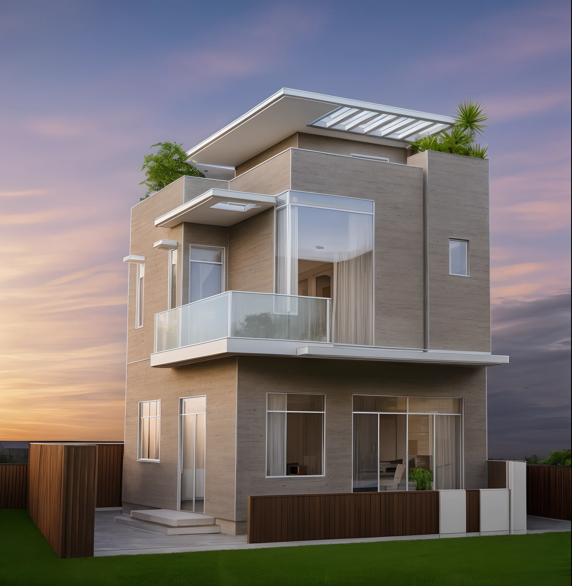 RAW photo, Masterpiece, high quality, best quality, authentic, super detail, exterior, house style modern on the garden with white colour walls and dark brown colour walls, glass windows, glass doors, balcony, railing glass, wooden outdoor ceiling,modernism, Realistic reflexes, realistic light, beautiful sunset sky, trees, grass, grass and plant on the fence, trees and plant in the garden, trees and plant on the rooftop (day:1.1) , high tree behind the house, vivid colour, vray