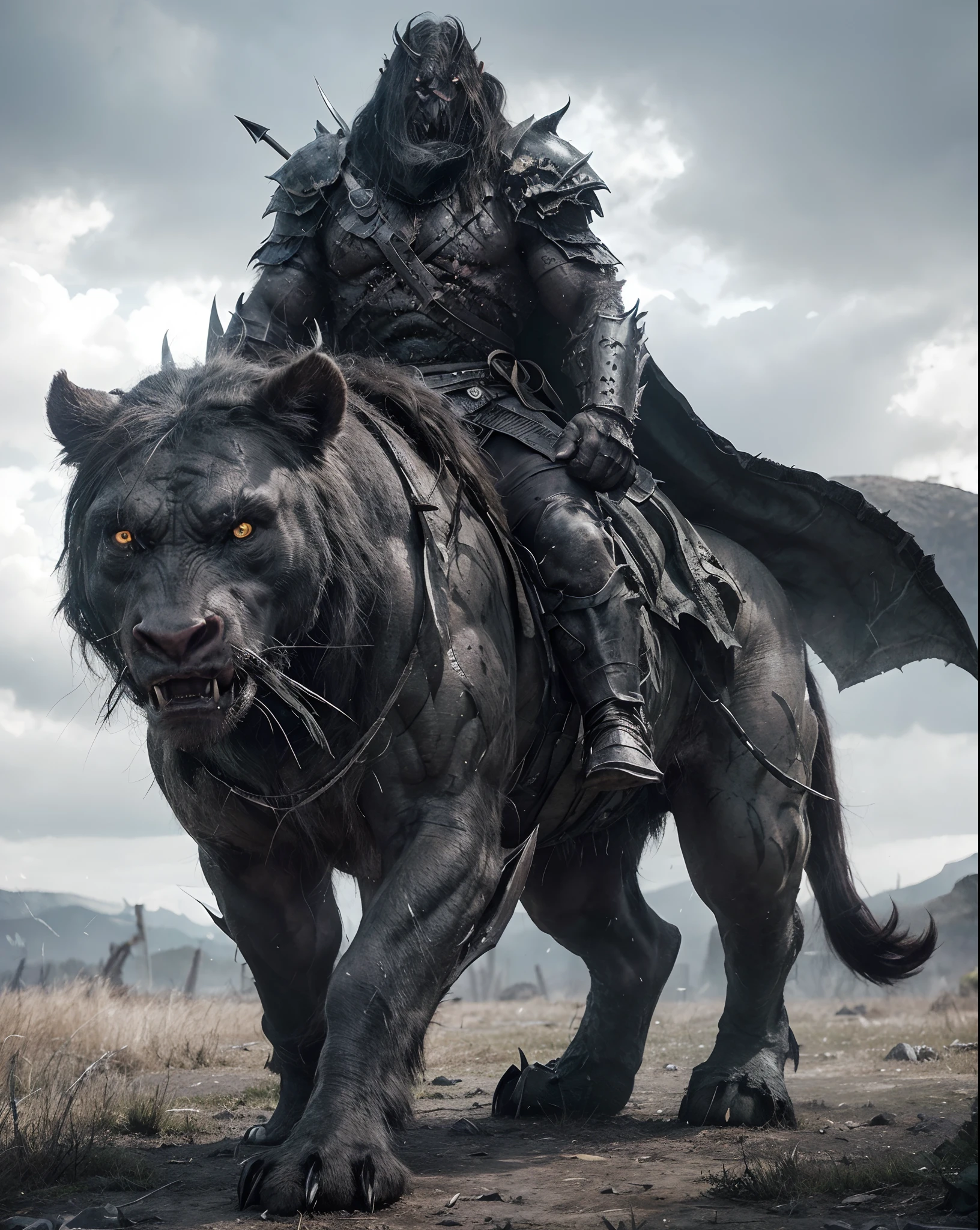 (best quality,ultra-detailed),(realistic,photo-realistic:1.37),(dark,fantasy),(orc:1.1),(scary,intimidating),(greenish-gray skin),(sharp tusks),(fierce eyes),(muscular built),(wearing heavy armor),(menacing presence),(sinister atmosphere),(ominous lighting),(battle-ready pose),(savage warrior),(barbaric battle gear),(battle scars),(gruesome weapons),(spear,axe),(ominous background),(dark forest),(artistic,illustrative style)