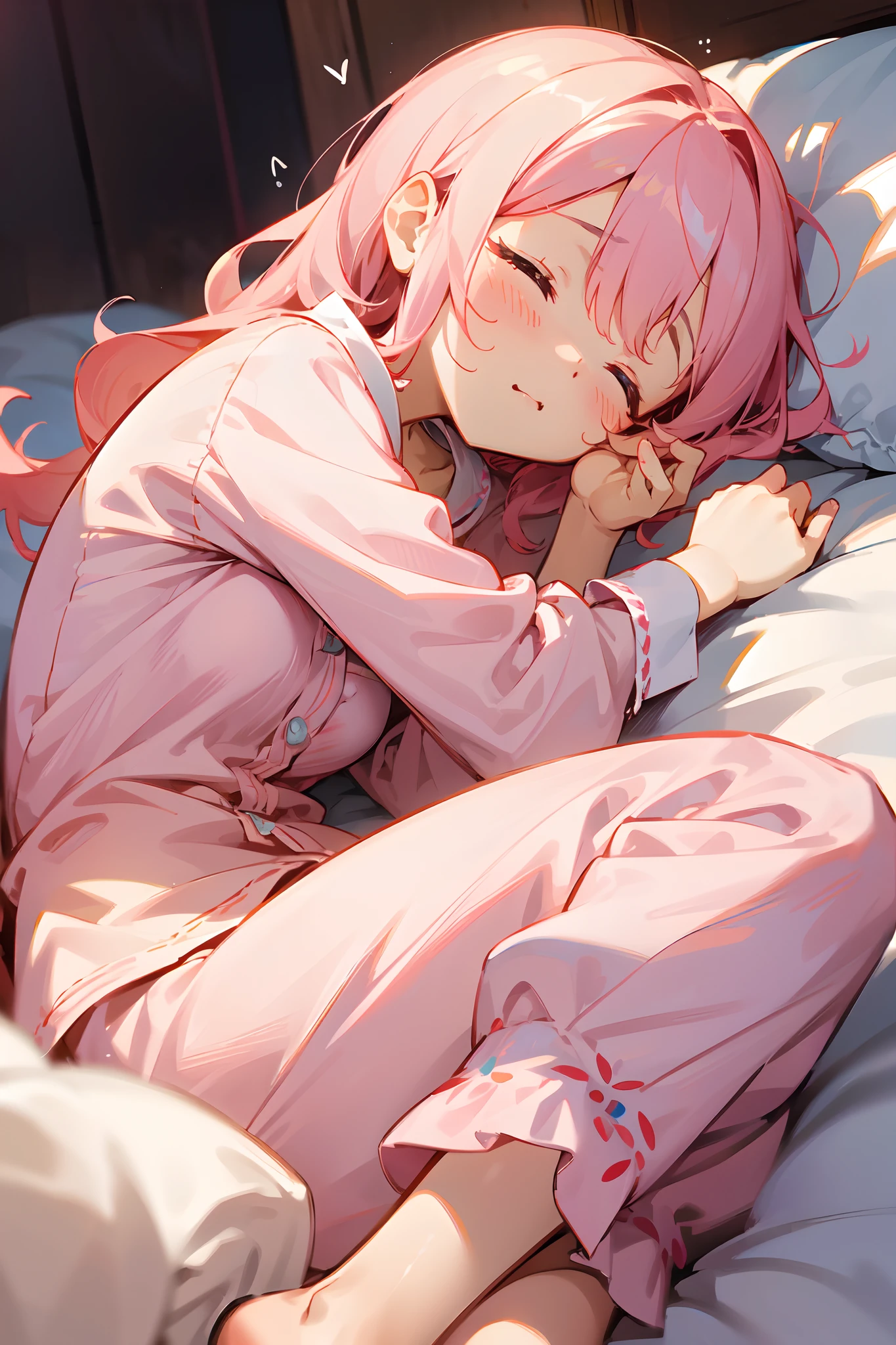 (Best Quality, 8K, masutepiece:1.2,  ),Cutest,Cute Girl,mesugaki,Beautiful face,Beautiful eyes,Beautiful hair, Light pink hair,Innocent sleeping face,a room,Eyes closed,Are sleeping,playful pose,Atmosphere of bliss,s Pajamas，Sober background,Lively atmosphere,sparkling dew,Sleepy look,enchanting charm,,PastelColors,Sleepy look,Dainty features,
