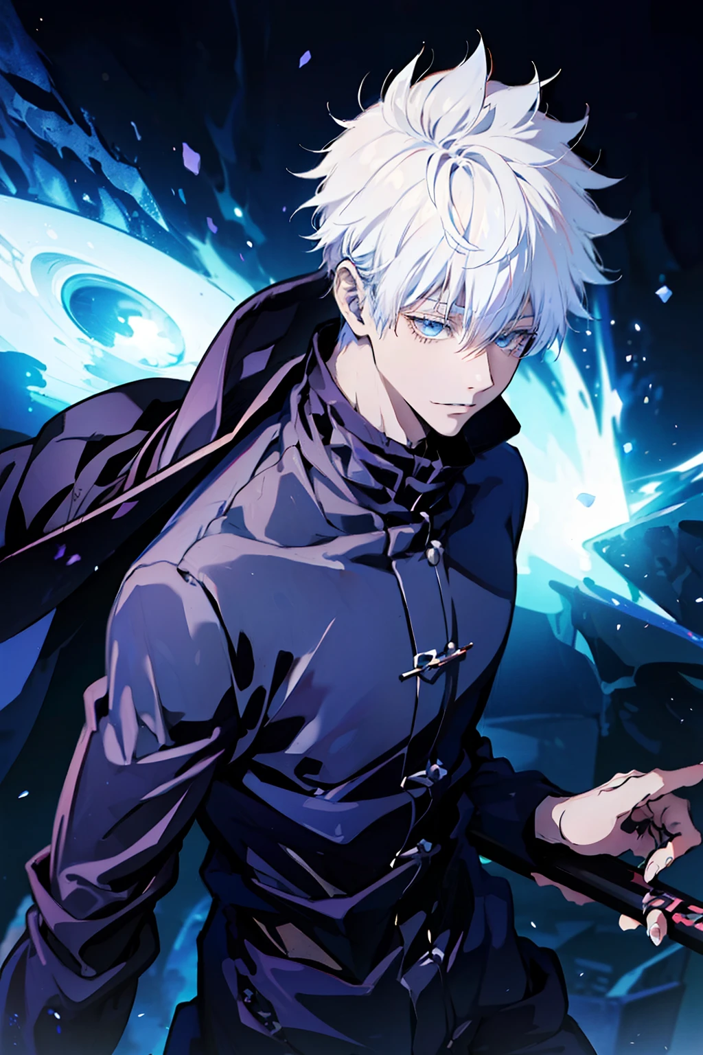 (absurderes, A high resolution, ultra - detailed, hdr), tmasterpiece, NSFW, Best quality, jujutsu kaisen, Satoru Gojo, 1 person only in battle, goodlooking, short  hair, whaite hair, vibrant blue eyes, Fine eyes and a delicate face, (((fires, yeero, On your back)) armure, ((Intricate weapons)). Final Fantasy, Abs, badass posture, Anime boy holding a sword in both hands, Anime pose fighting, Handsome anime, male anime character, Badass anime 8K, detailed anime character art, High density iconography review anime concept anime McManus, Anime boys, ikuto yamashita, Anime CG soft art, manga wallpaper 4k, Inspired by Hiroshi Yamagata, anime wallaper