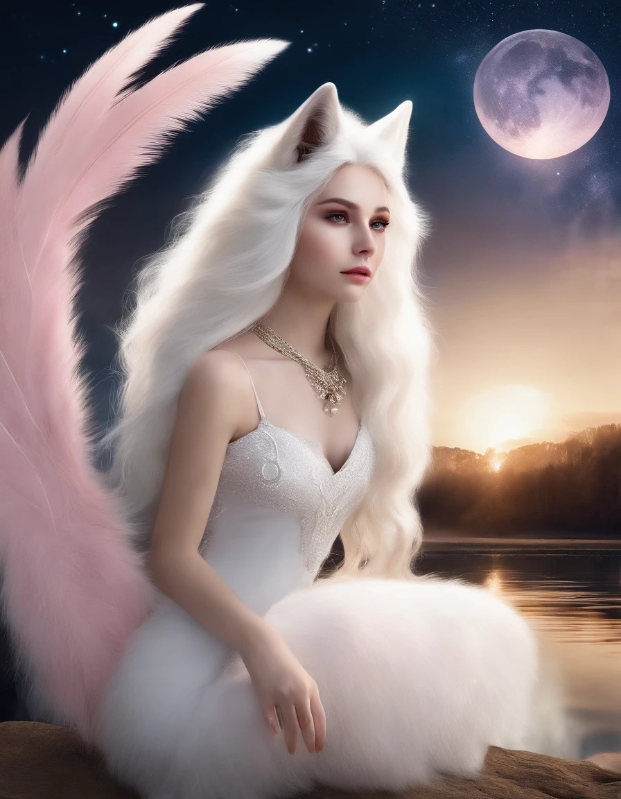 Girl riding a white wolf，White color hair， old，dream magical，A lake under the stars（Extremely clear）Pink eyes，Phoenix in the background，Coercion，Gentle close-up view，Holding a golden spear，tmasterpiece，Delicate，Fox ears on the head