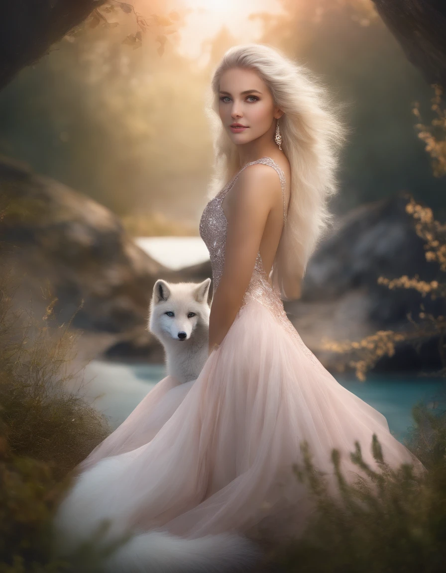 Girl riding a white wolf,White color hair, old,dream magical,A lake under the stars(Extremely clear)Pink eyes,Phoenix in the background,Coercion,Gentle close-up view,Holding a golden spear,tmasterpiece,Delicate,Fox ears on the head