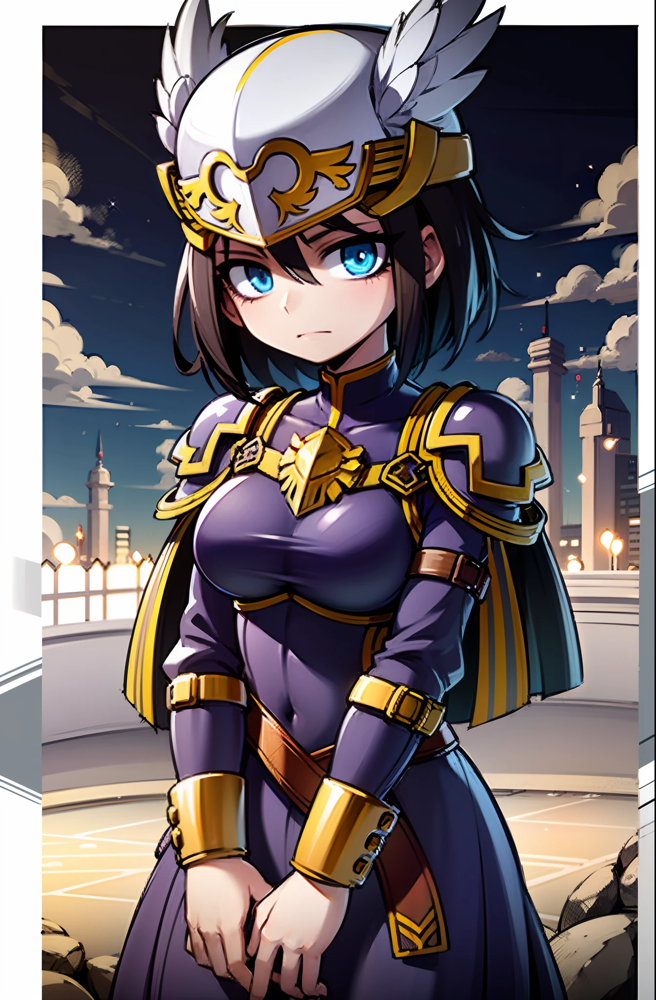 young valkyrie, short black hair, blue eyes, purple armor, 4k, timid face