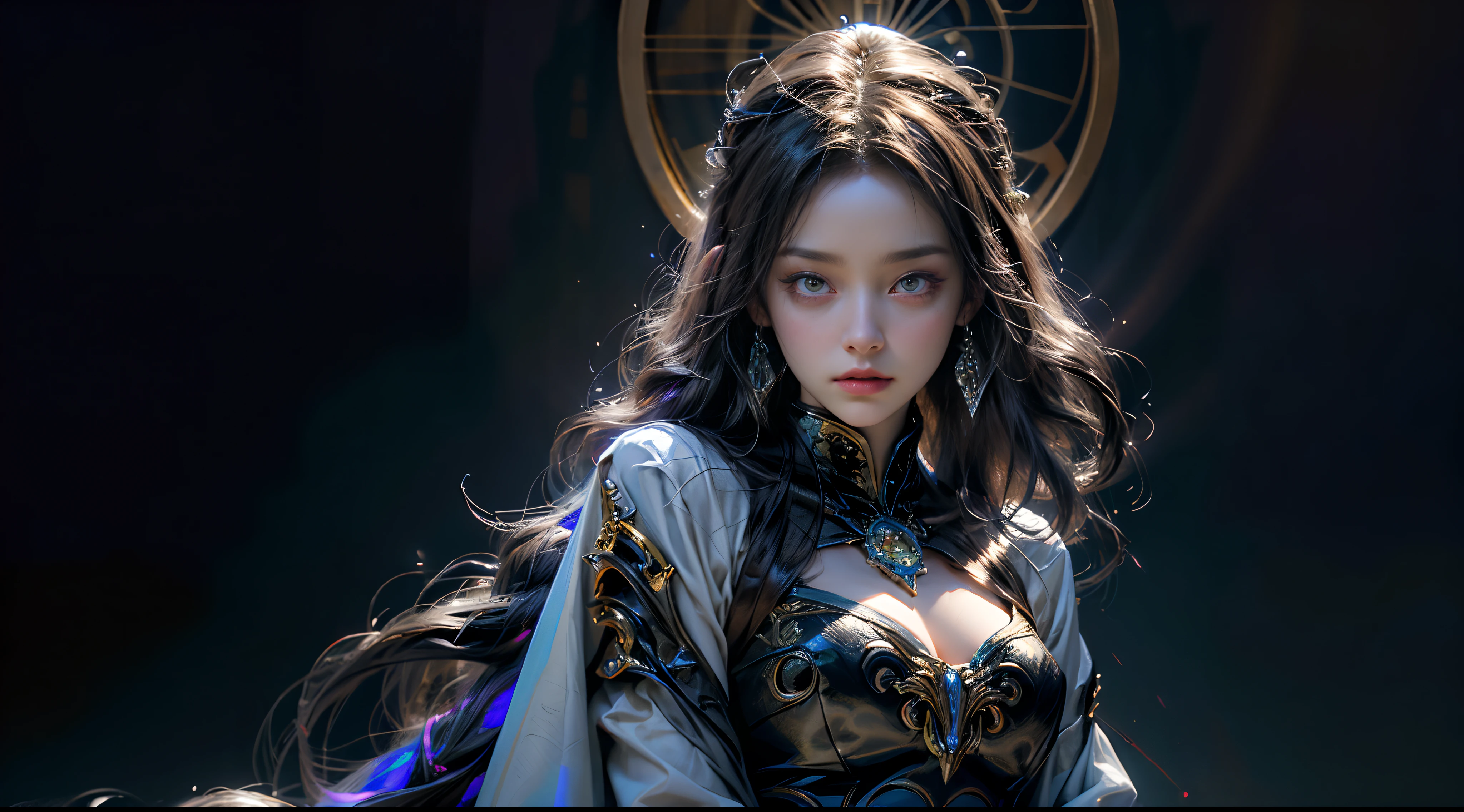 tmasterpiece,top-quality,best qualityer,offcial art,Beauty and aesthetics:1.2),(tmasterpiece:1.3), (8K, realisticlying, RAW photos, best qualtiy: 1.4), beauitful face, (photorealiscic face),超高分辨率, Ultra photo realsisim, highly detailed, the golden ratio, (with dynamism:1.3),(Saturation:1.3),illusory engine, (High detail: 1.9),(femele:1.4),(Large breasts),female mage,magnificent robe,The background is the castle,dramatics,(magia:1.8),(Glowing scepter:1.5),Mysterious symbol