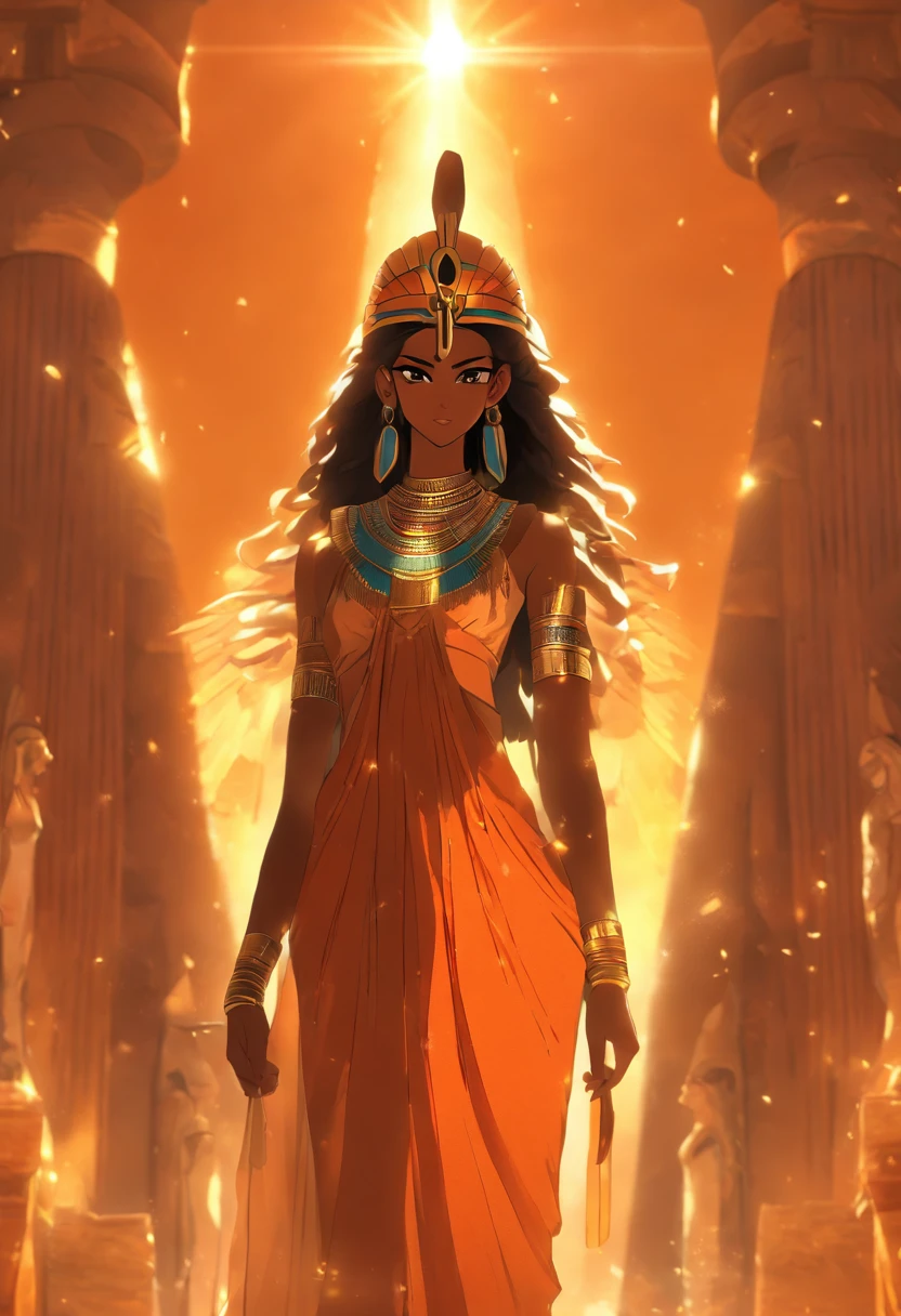 ((Maat feather adornment))) best quality, very high resolution, 4K detailed CG, masterpiece, Egyptian mythology, Maat, woman, sun in the background, Ancient Egypt, standing pose, orange clothes, Egyptian clothes, temple Egyptian, desert, Ancient Egypt, ((standing pose)), Egyptian palace, aesthetics, beautiful image, centered on screen, full body