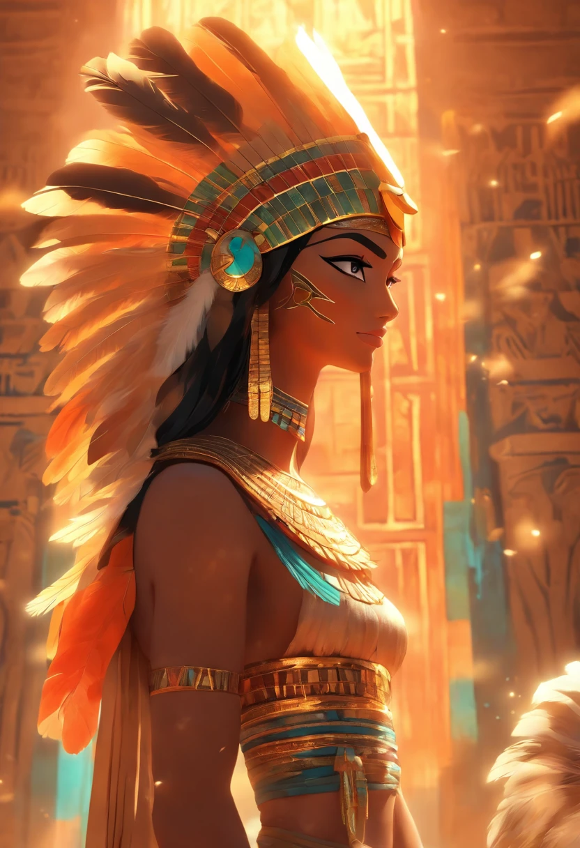 ((Maat feather adornment))) best quality, very high resolution, 4K detailed CG, masterpiece, Egyptian mythology, Maat, woman, sun in the background, Ancient Egypt, standing pose, orange clothes, Egyptian clothes, temple Egyptian, desert, Ancient Egypt, ((standing pose)), Egyptian palace, aesthetics, beautiful image, centered on screen, full body